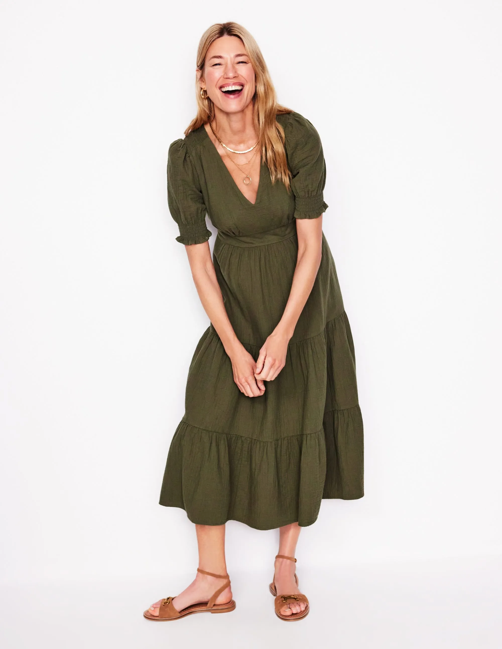 Anna Double Cloth Midi Dress-Woodland Green