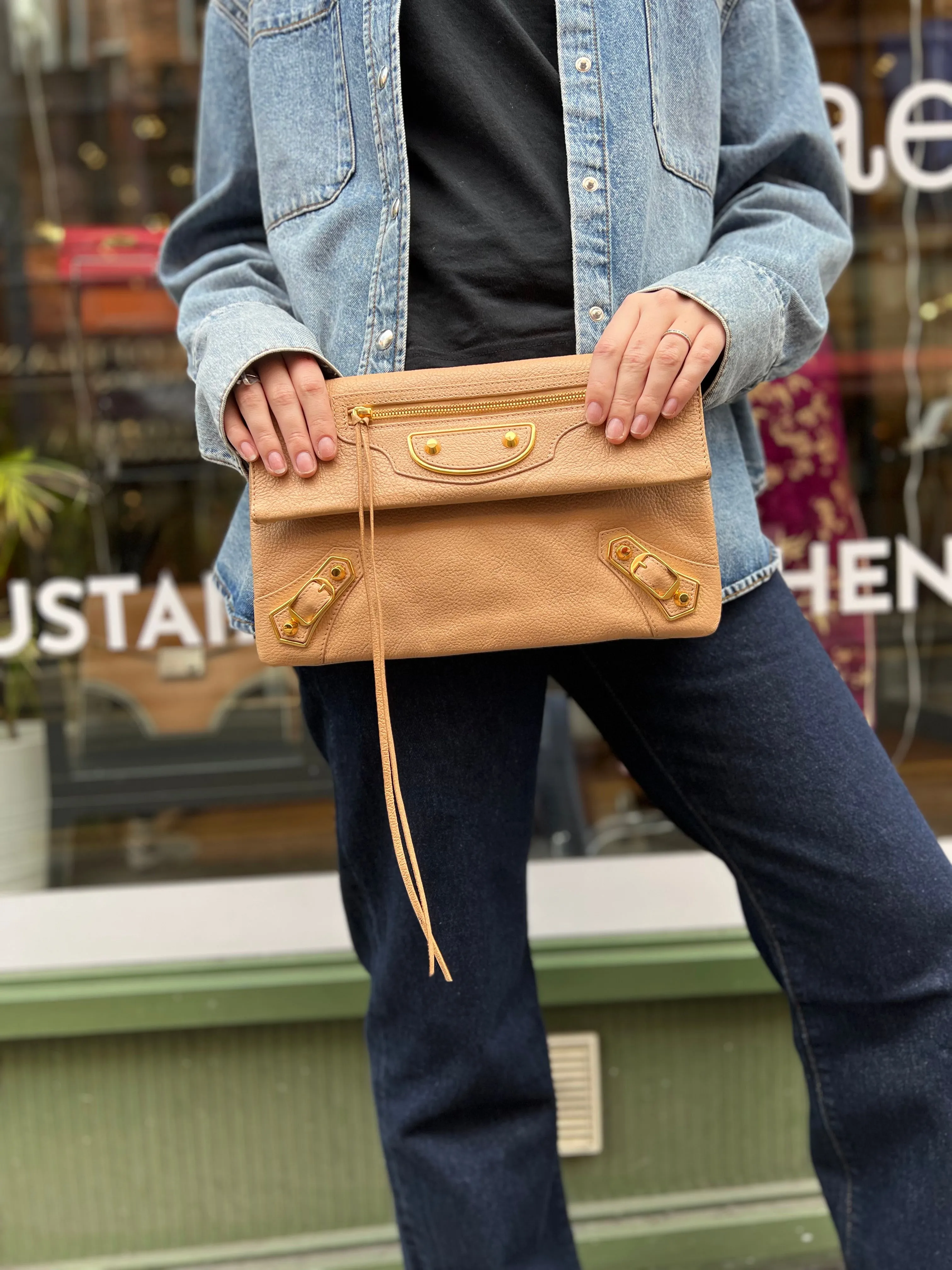 Balenciaga Beige Leather Envelope Clutch
