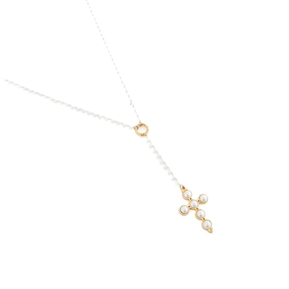 Belinda Pearl Cross Y-Drop Necklace - WATERPROOF