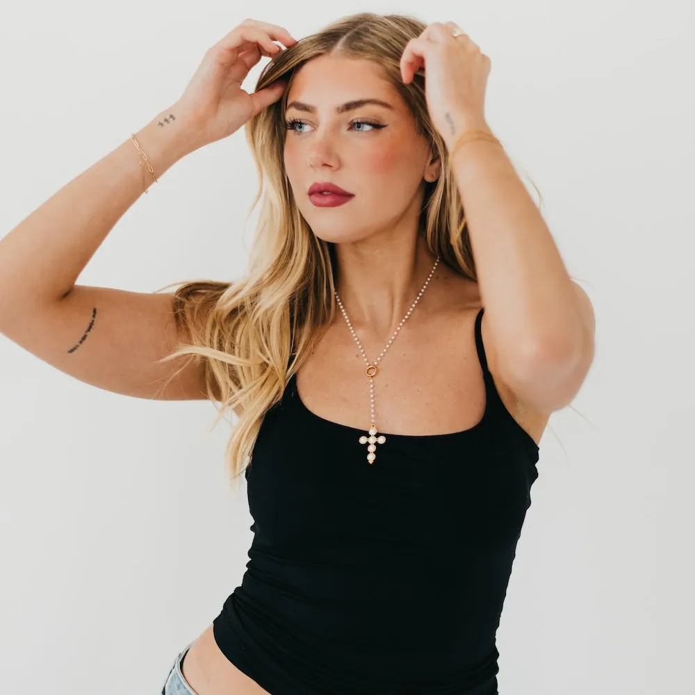 Belinda Pearl Cross Y-Drop Necklace - WATERPROOF