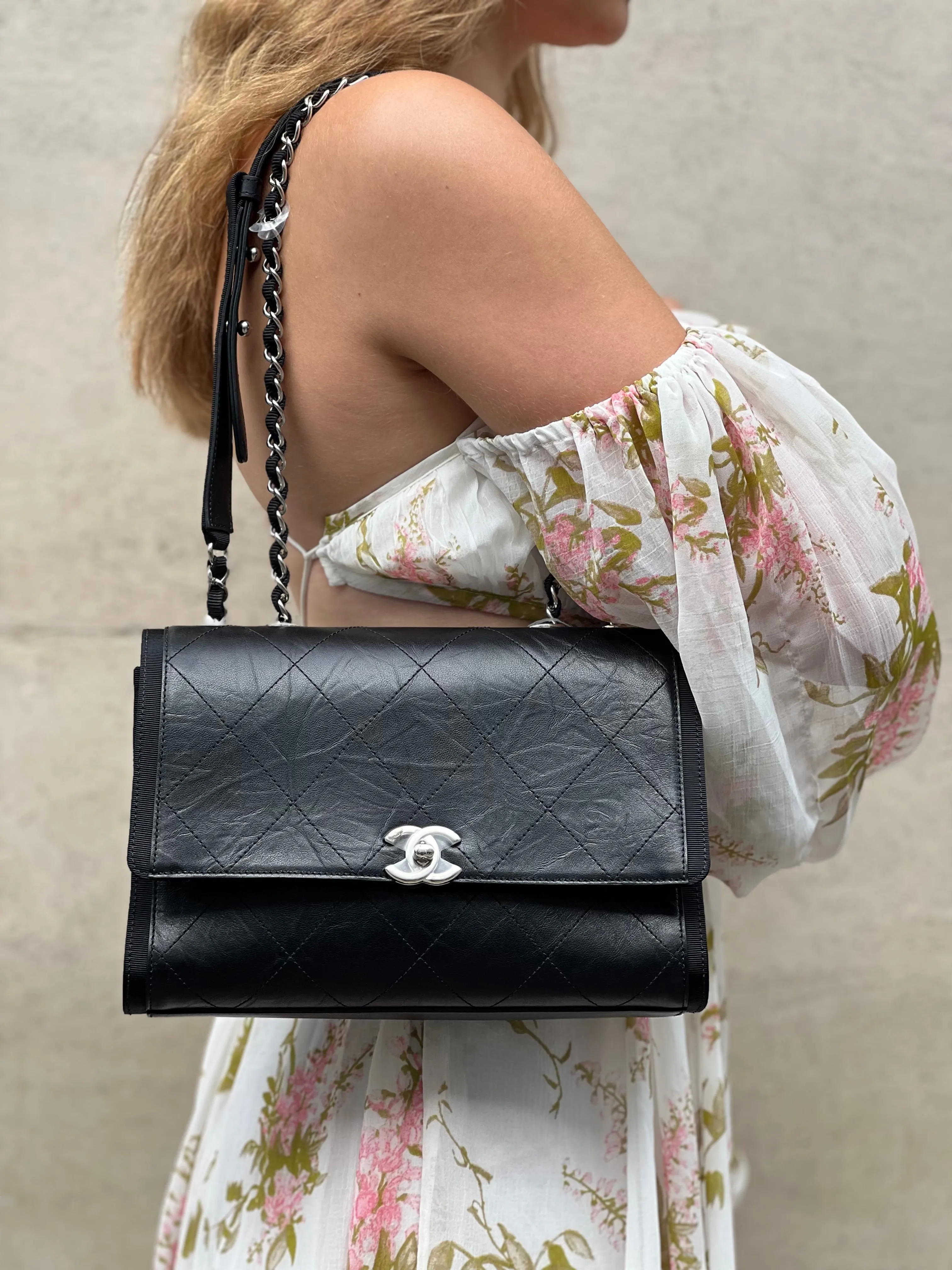 Chanel Black Crumpled Calfskin Flap