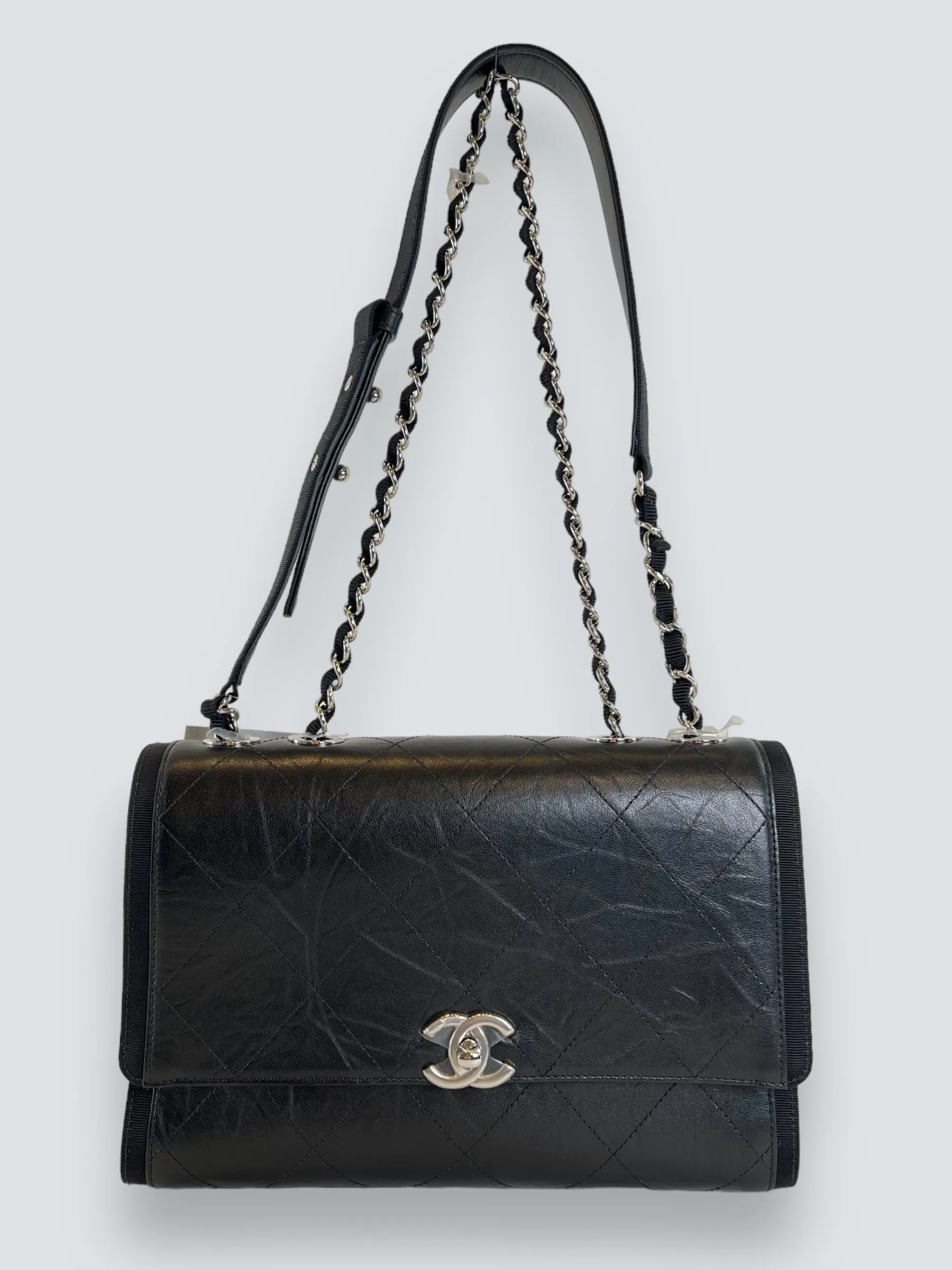 Chanel Black Crumpled Calfskin Flap