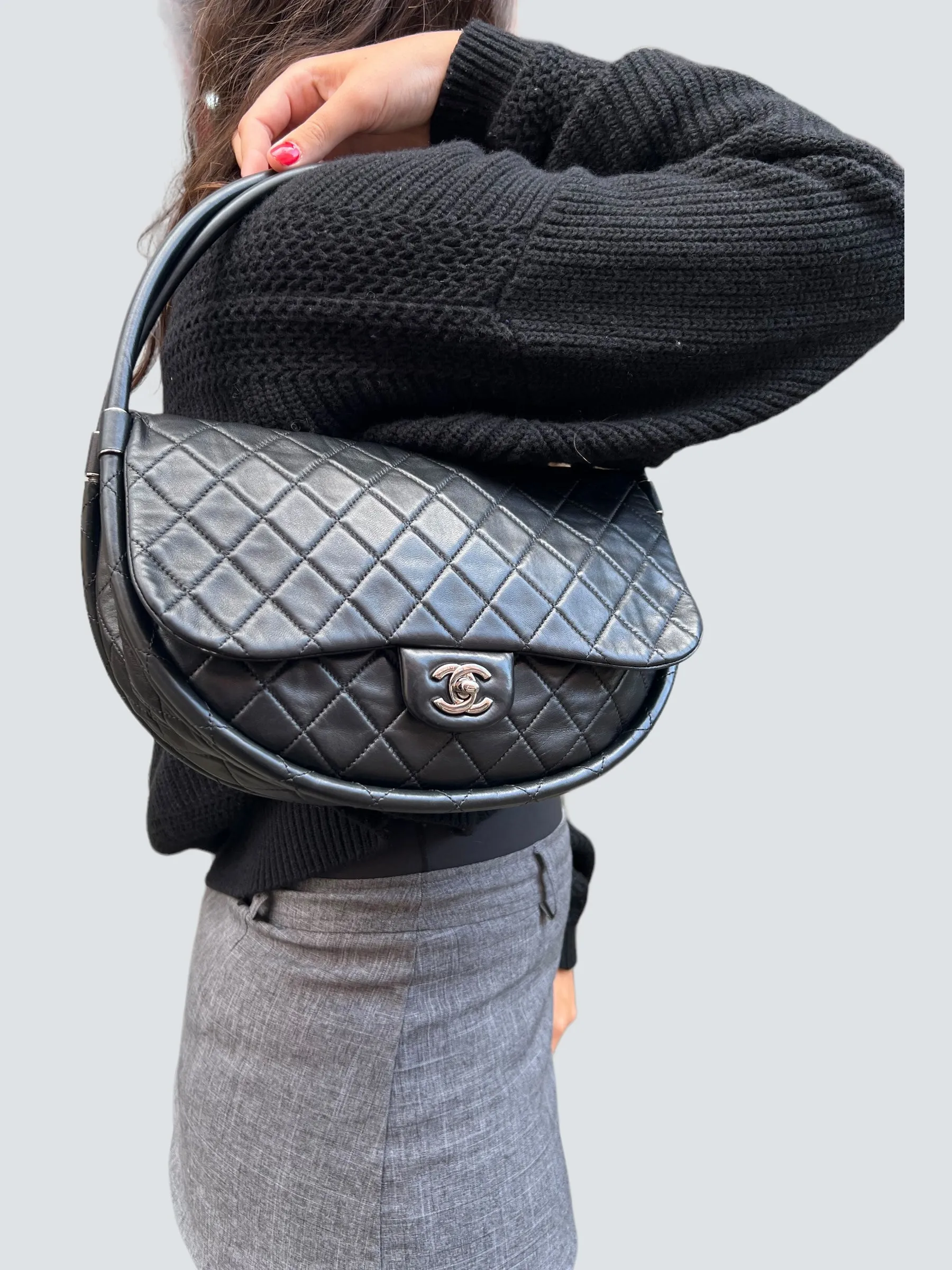 Chanel Black Hula Hoop Leather Shoulder Bag