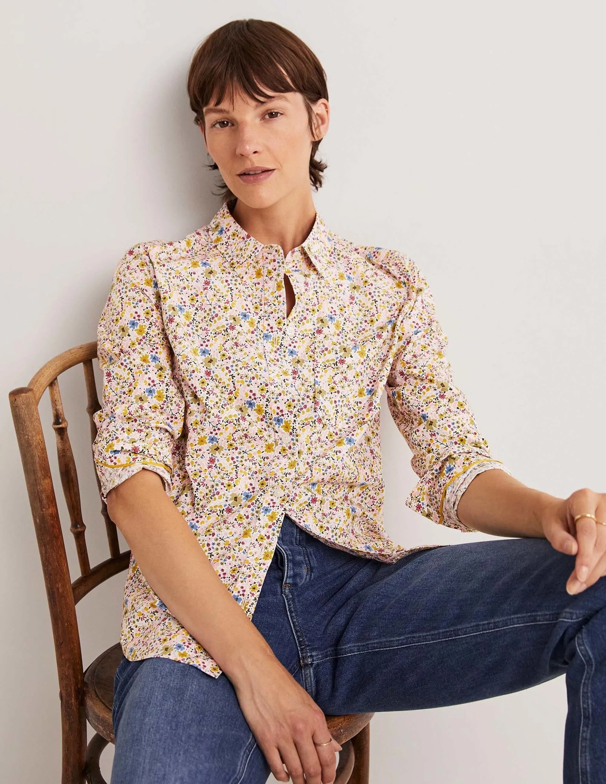 Classic Cotton Shirt-Ivory. Abstract Ditsy