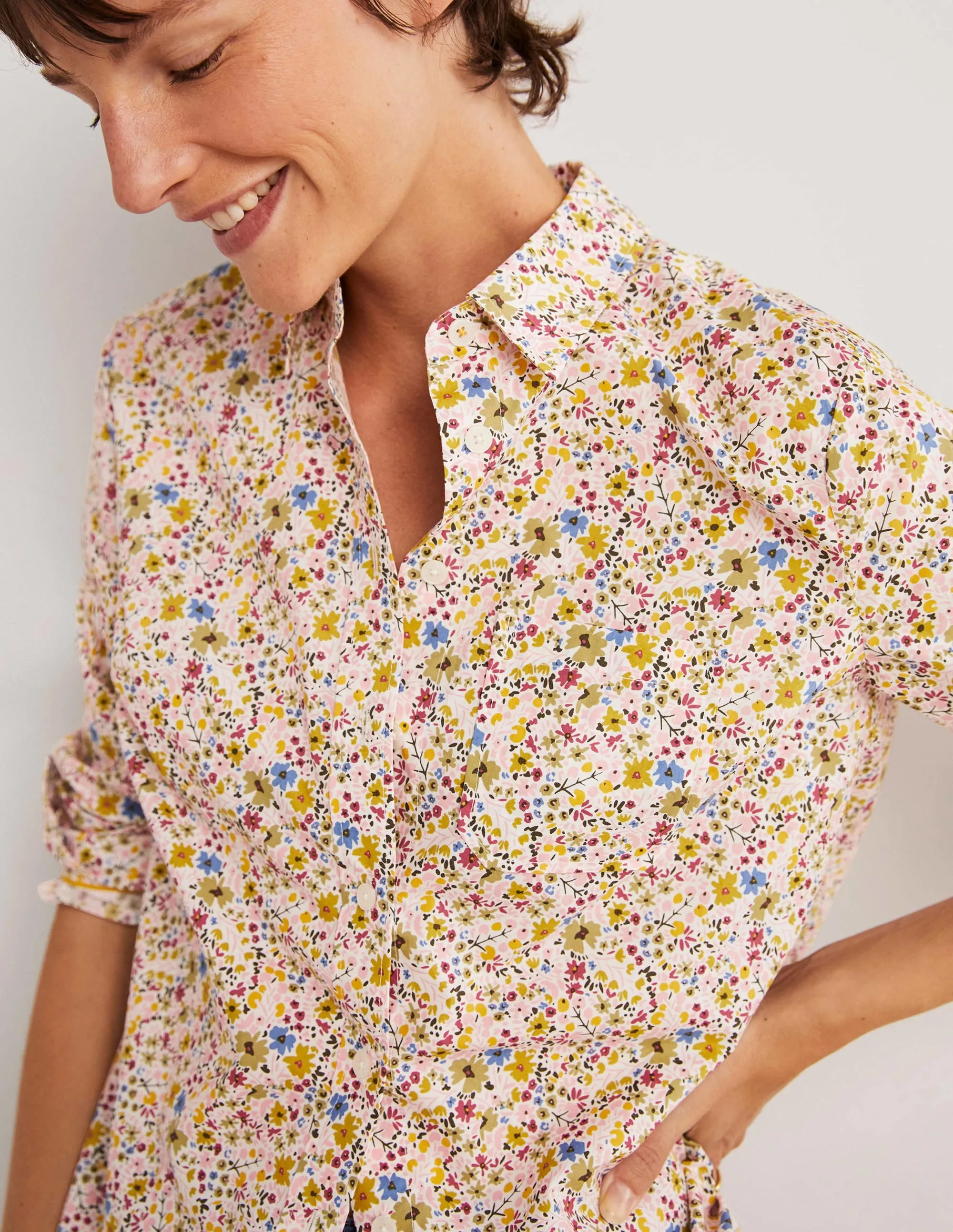 Classic Cotton Shirt-Ivory. Abstract Ditsy
