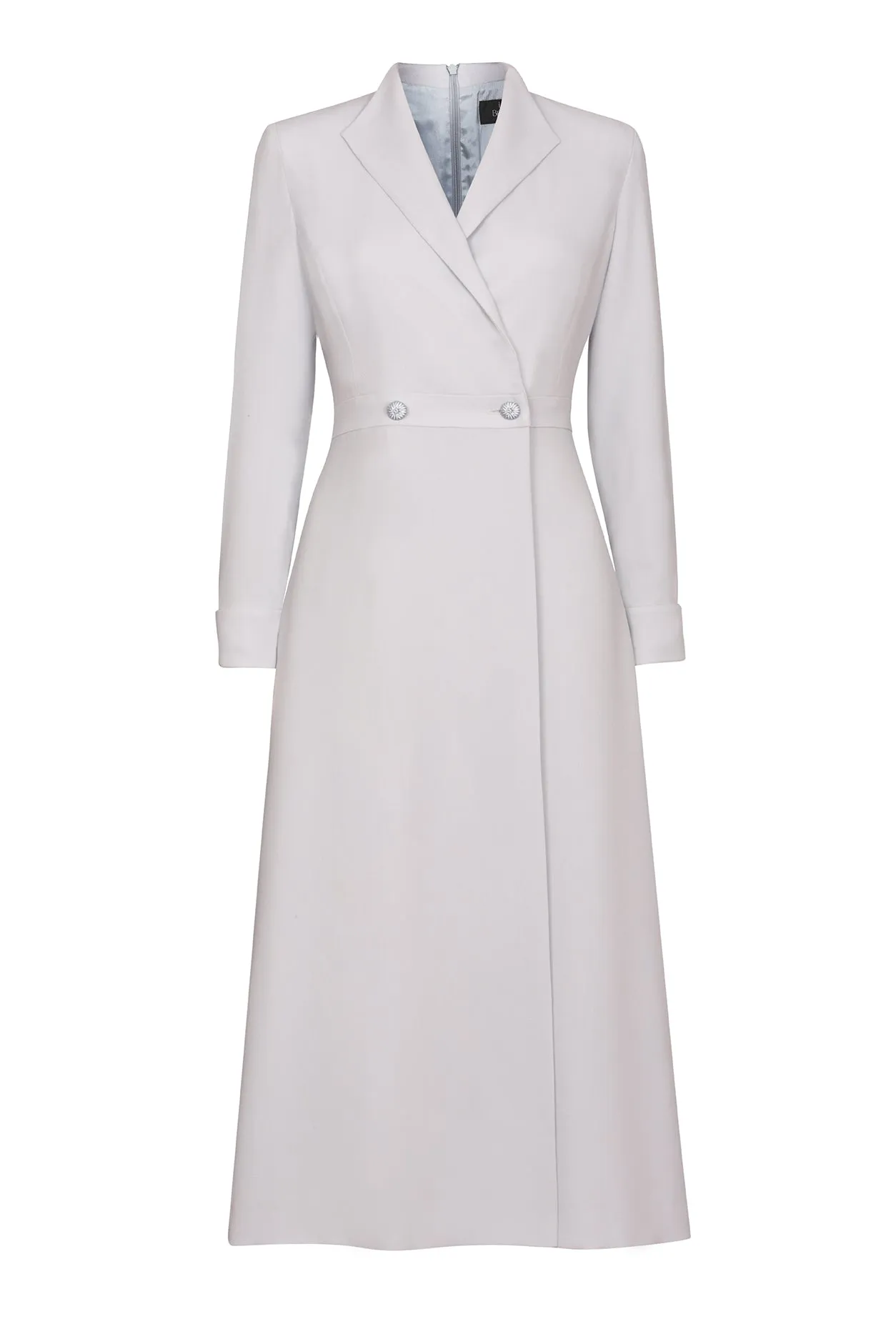 Double Breasted. Long Sleeved Coat Dress with Buttons in Dove Grey Crepe Cady - Savannah