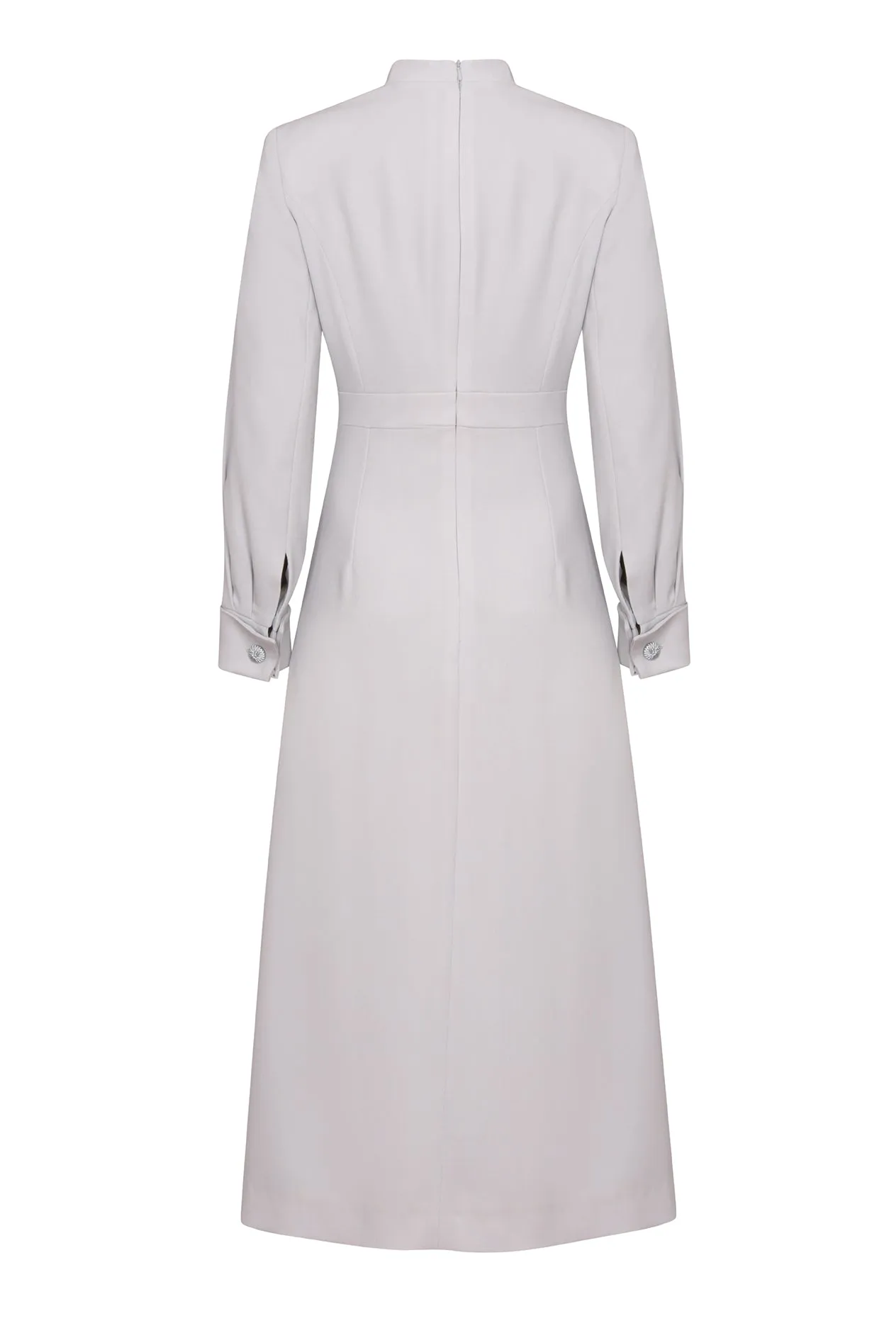 Double Breasted. Long Sleeved Coat Dress with Buttons in Dove Grey Crepe Cady - Savannah