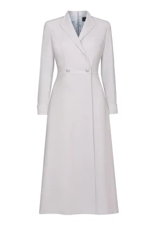 Double Breasted. Long Sleeved Coat Dress with Buttons in Dove Grey Crepe Cady - Savannah