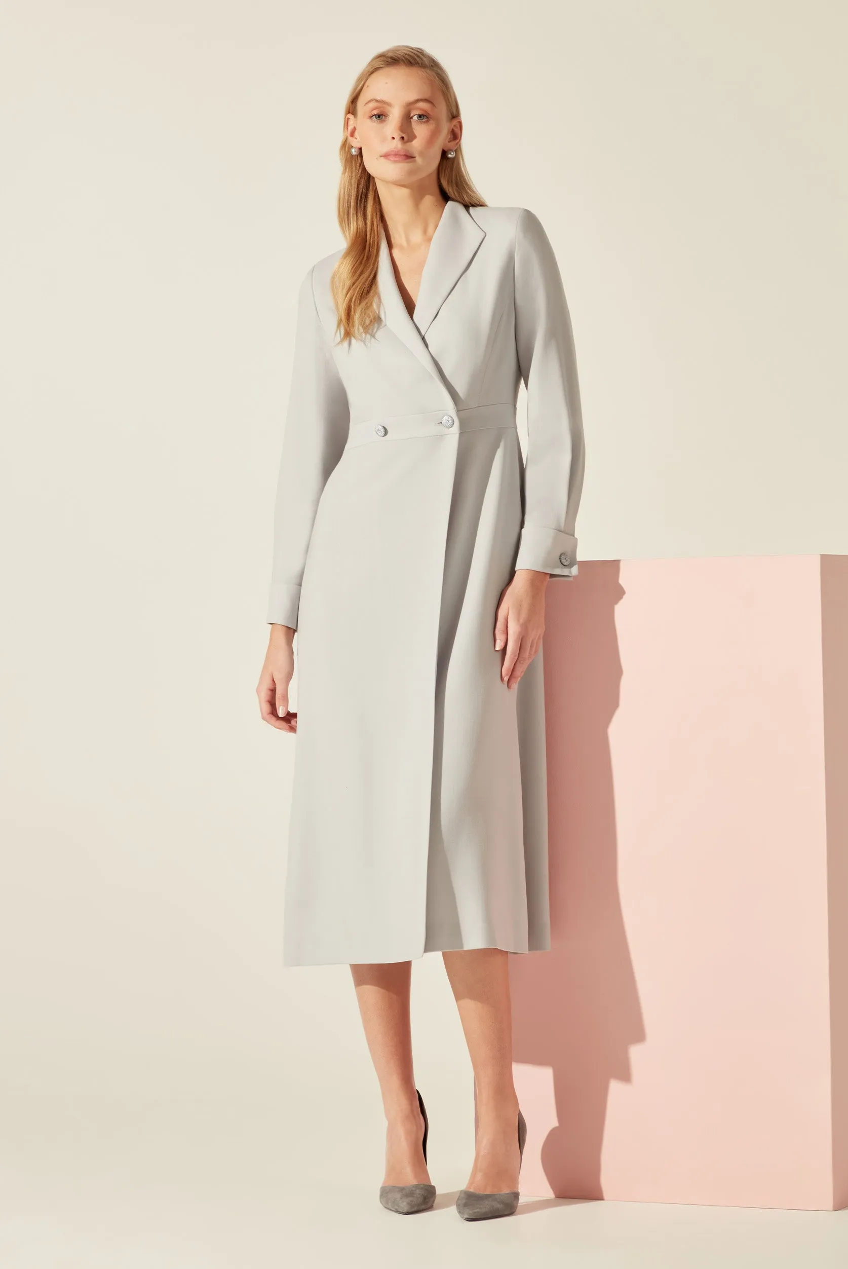 Double Breasted. Long Sleeved Coat Dress with Buttons in Dove Grey Crepe Cady - Savannah