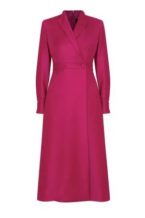 Double Breasted. Long Sleeved Coat Dress with Buttons in Magenta Wool - Savannah