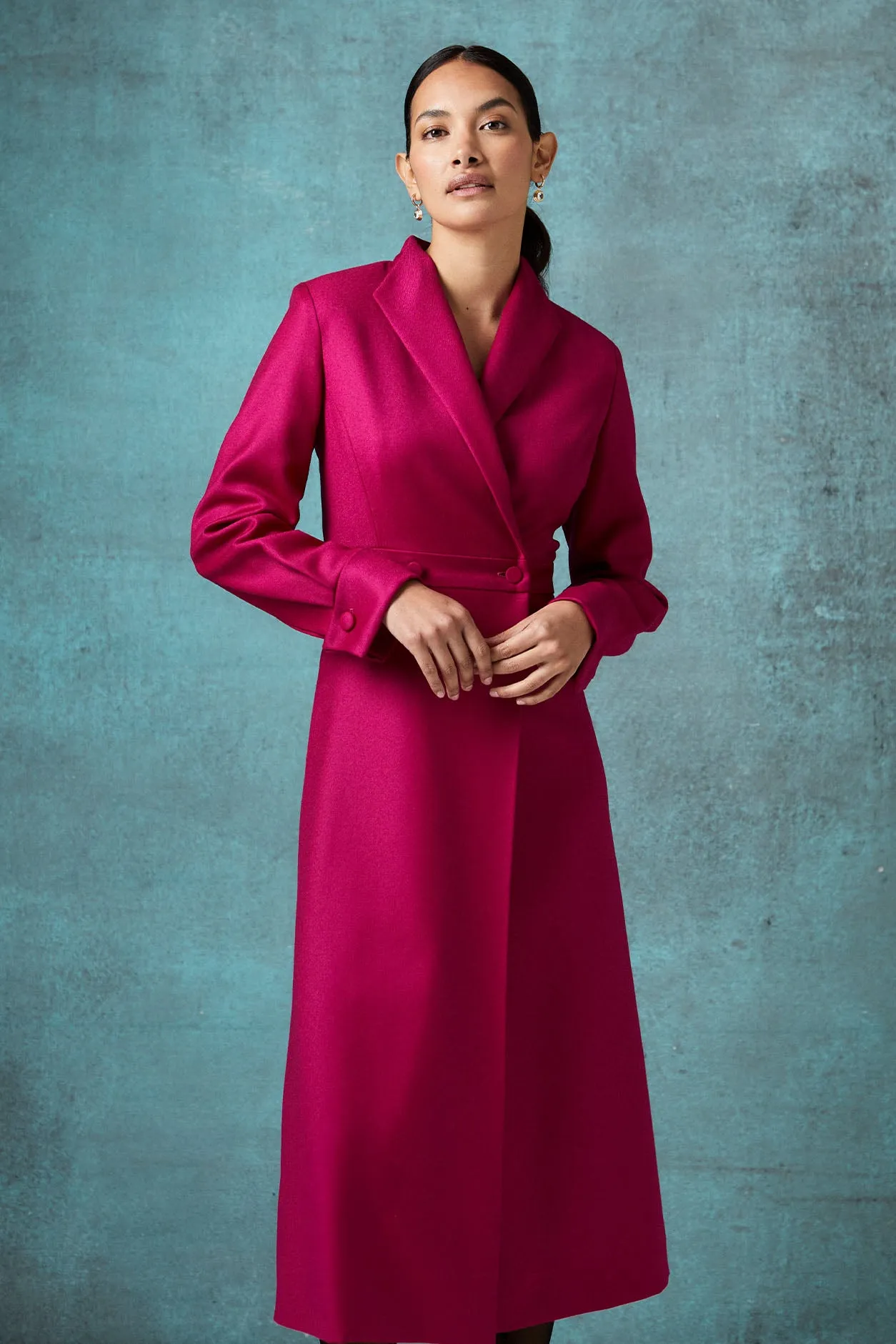Double Breasted. Long Sleeved Coat Dress with Buttons in Magenta Wool - Savannah