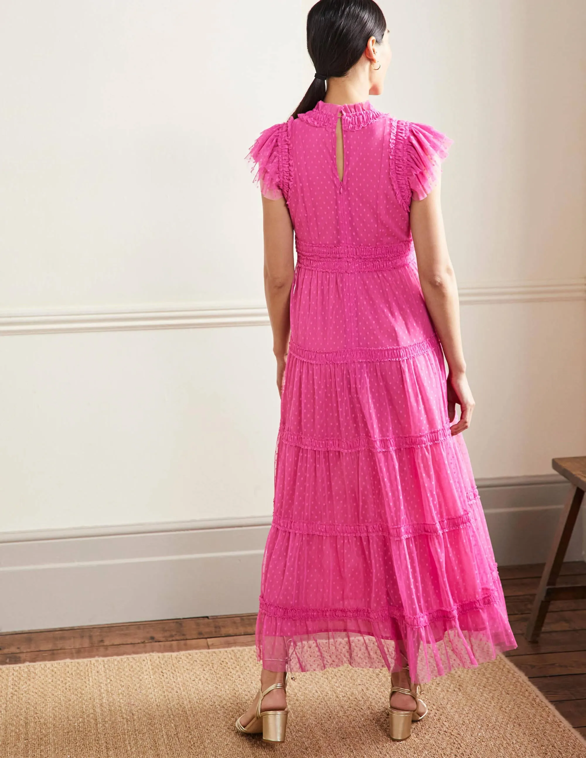 Edie Tiered Tulle Midi Dress-Party Pink