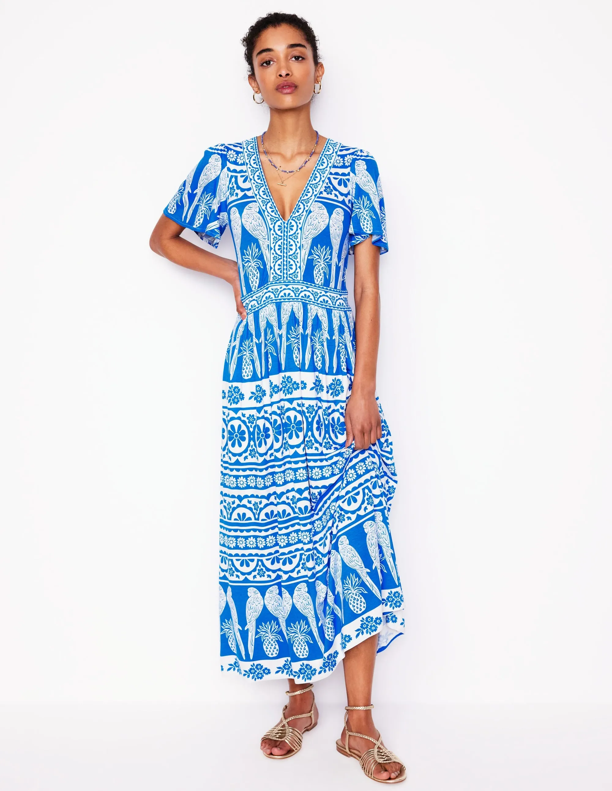 Ellie Flutter Maxi Tea Dress-Cerulean Blue. Ornate Tropics