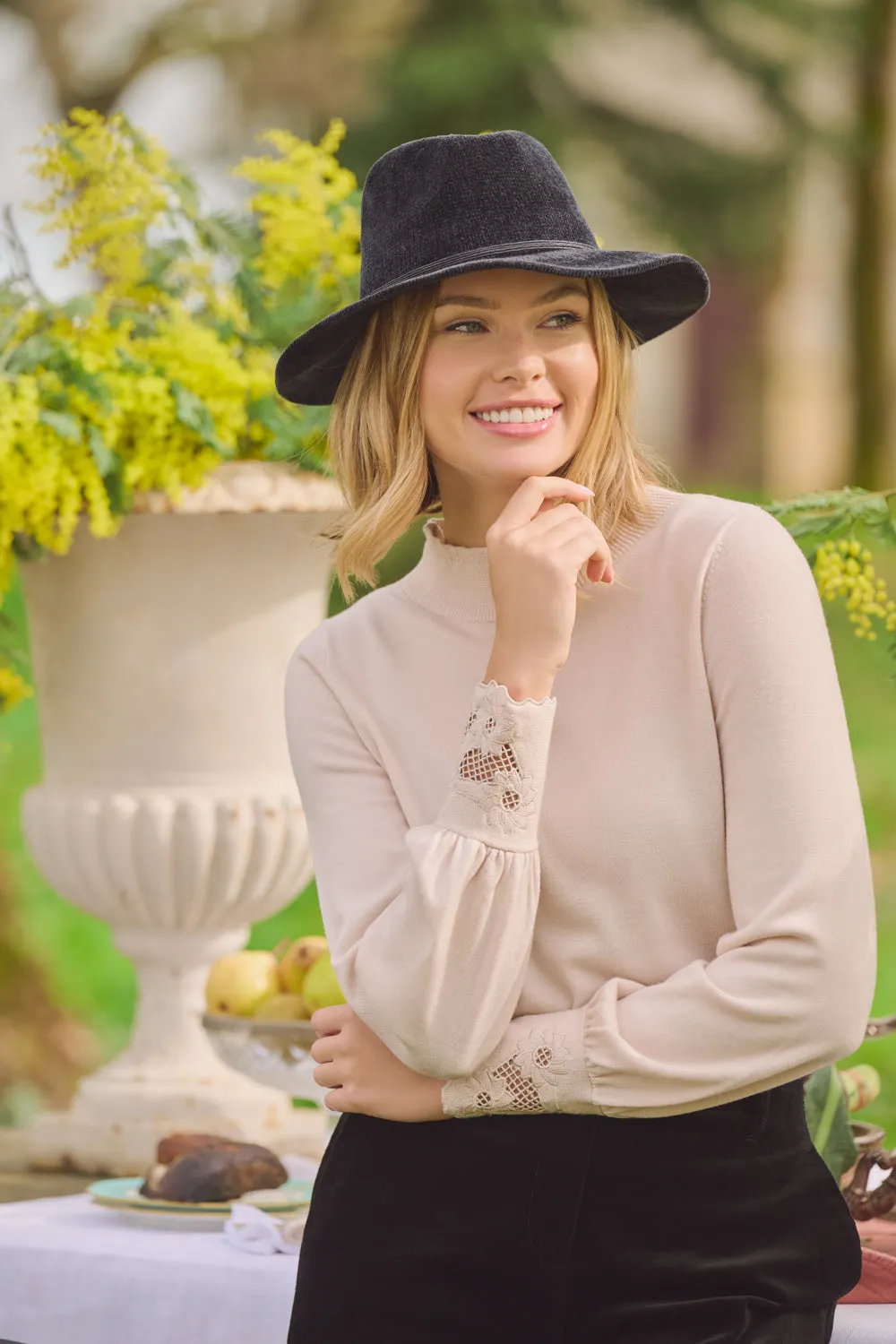 Embroidered Knit Top - Bright Beige
