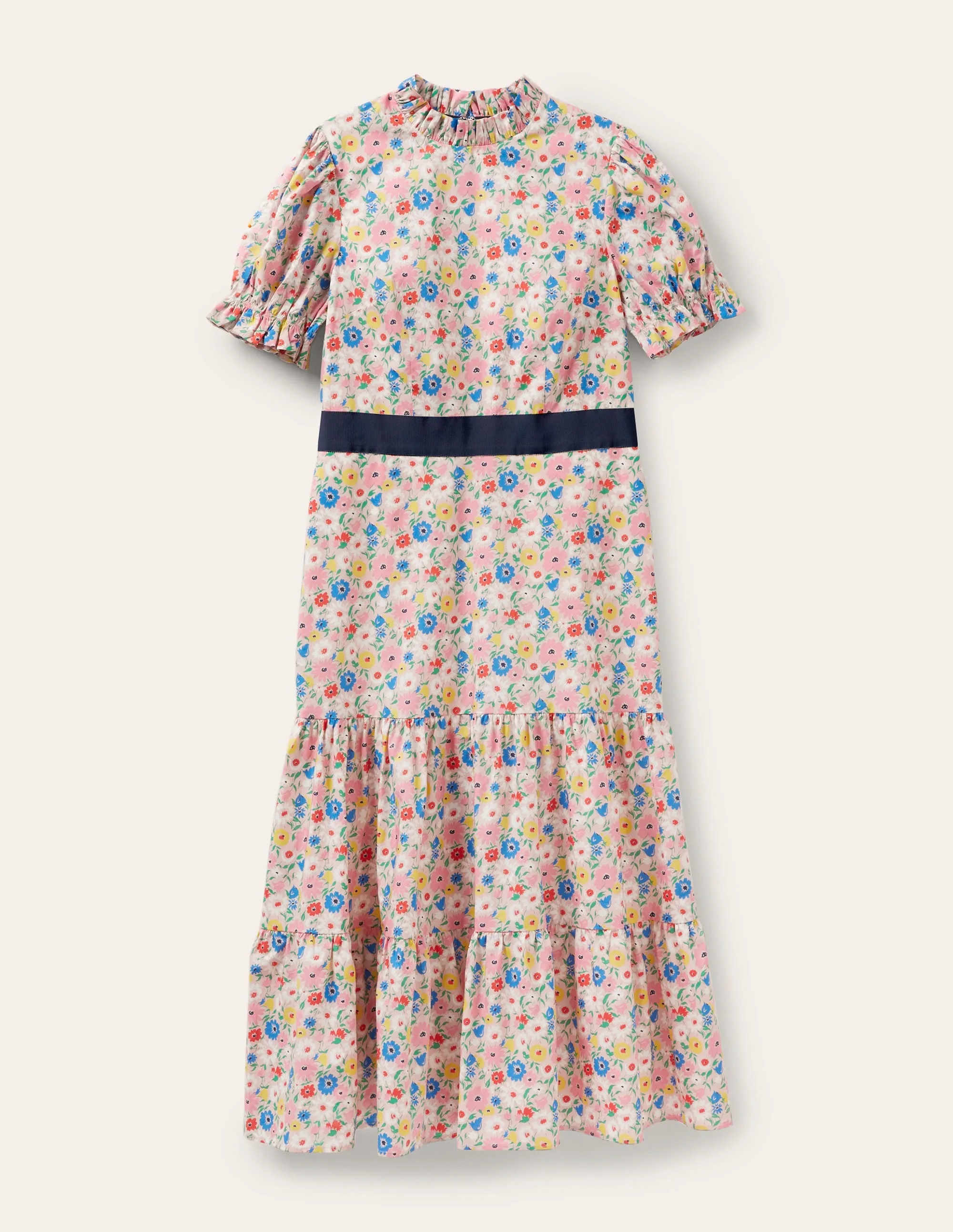 Frill Neck Tiered Midi Dress-Milkshake. Elegant Bloom