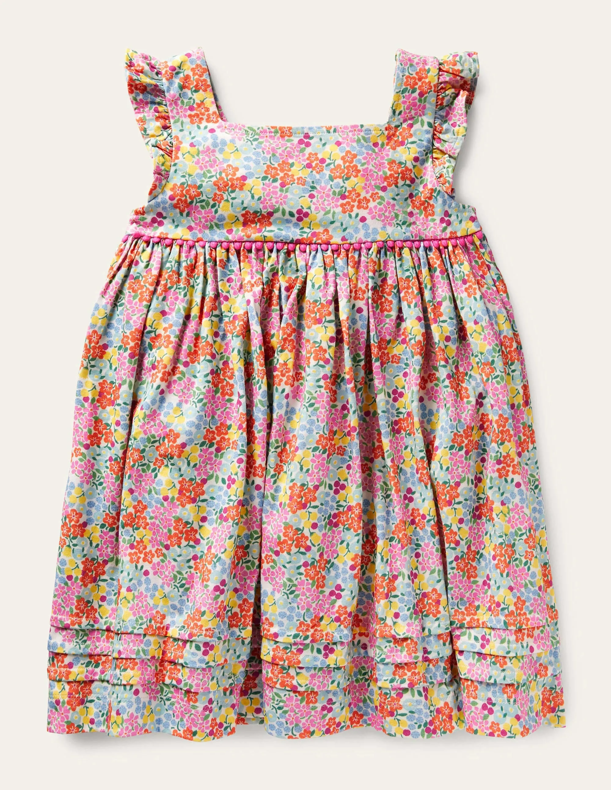 Frill Sleeve Jersey Dress-Multi Tropical Flowerbed