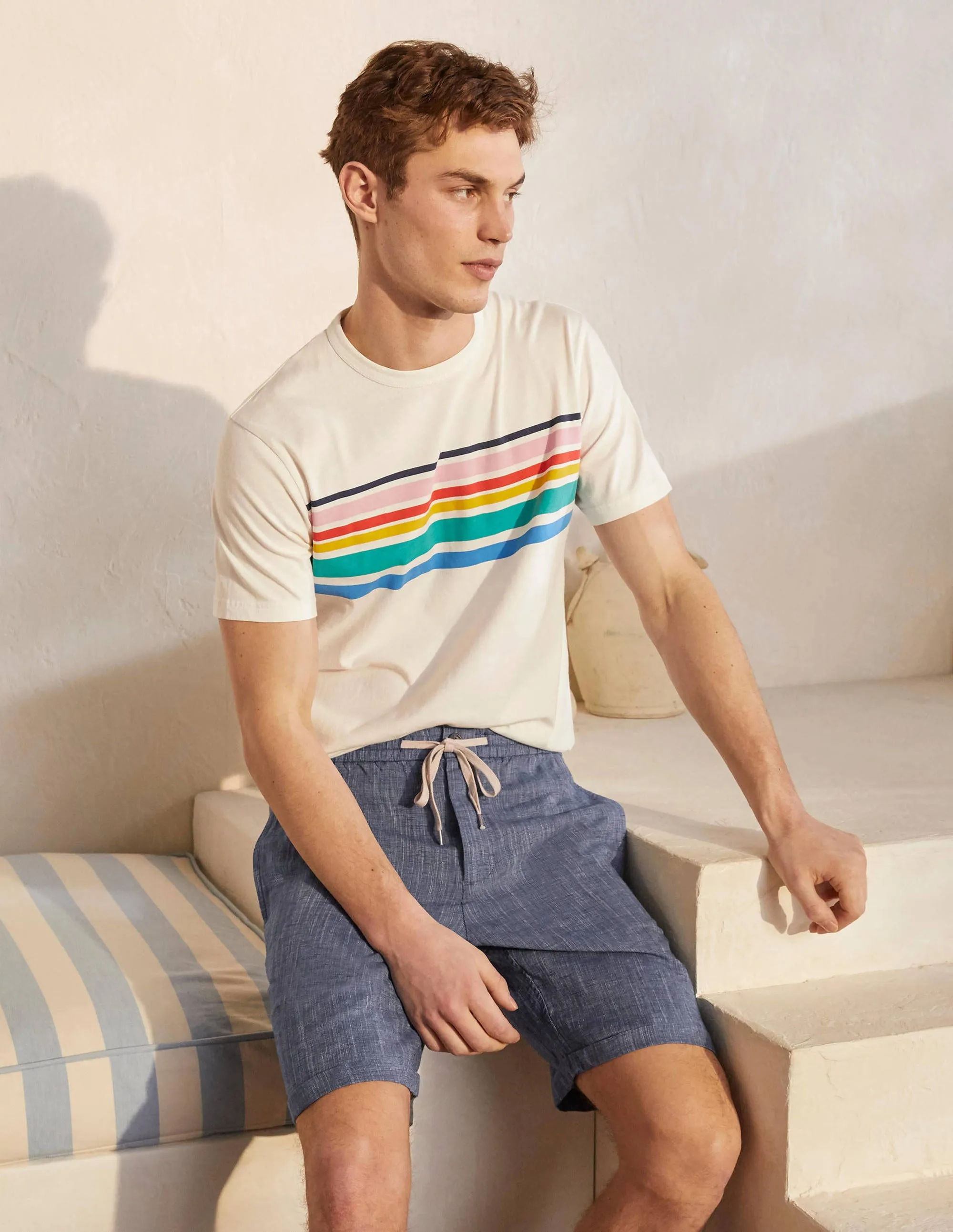 Linen Blend Drawstring Shorts-Light Blue Chambray