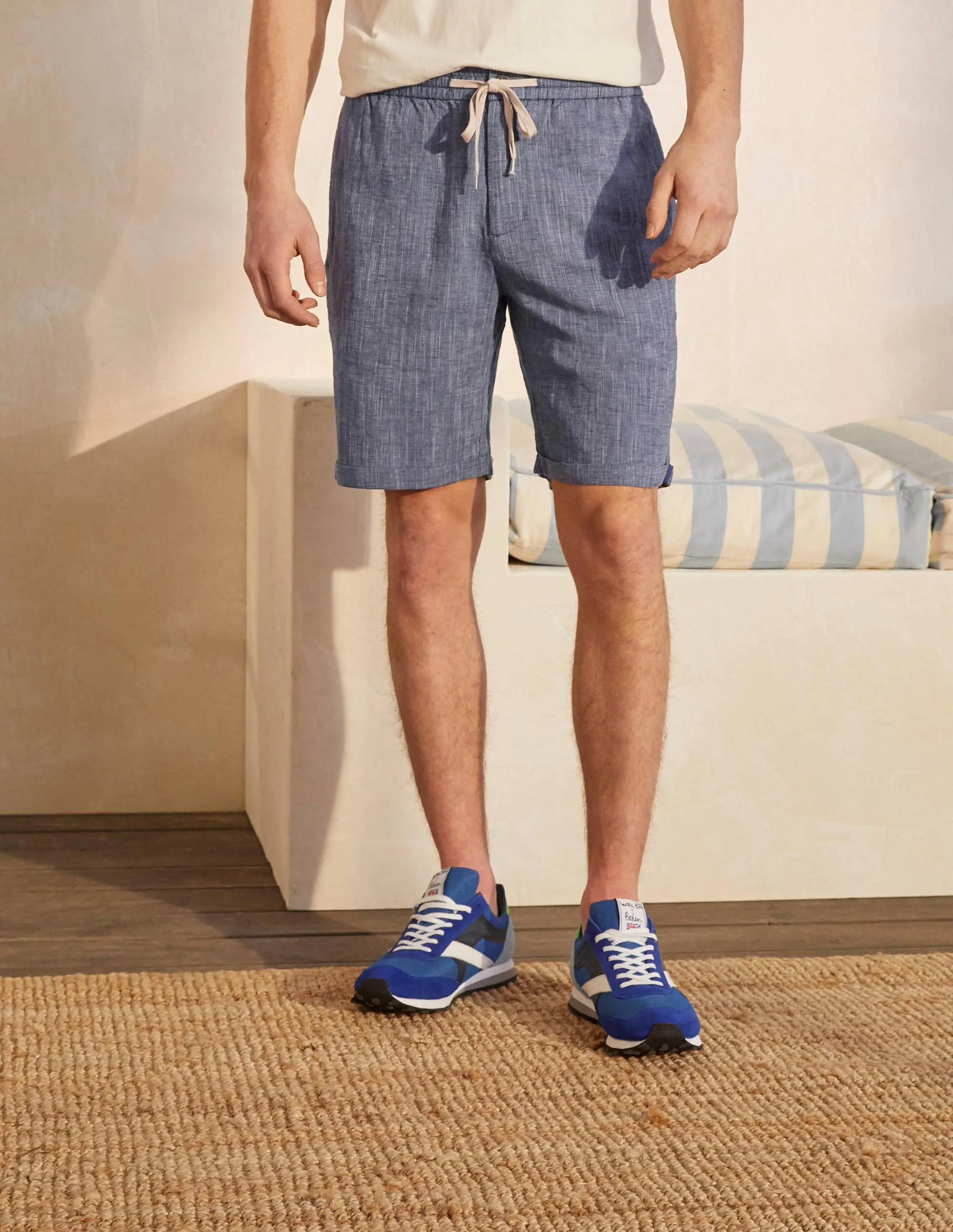 Linen Blend Drawstring Shorts-Light Blue Chambray