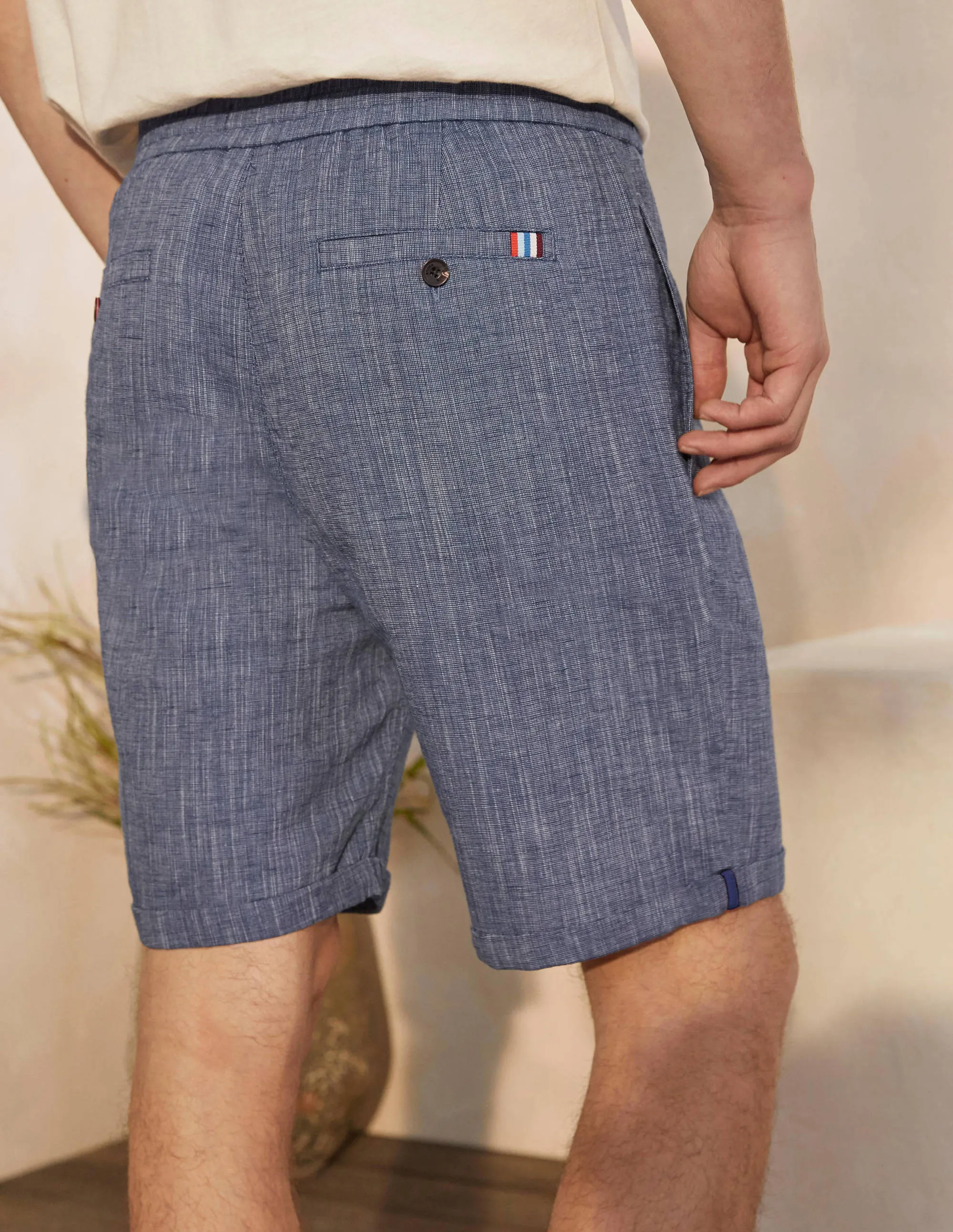 Linen Blend Drawstring Shorts-Light Blue Chambray