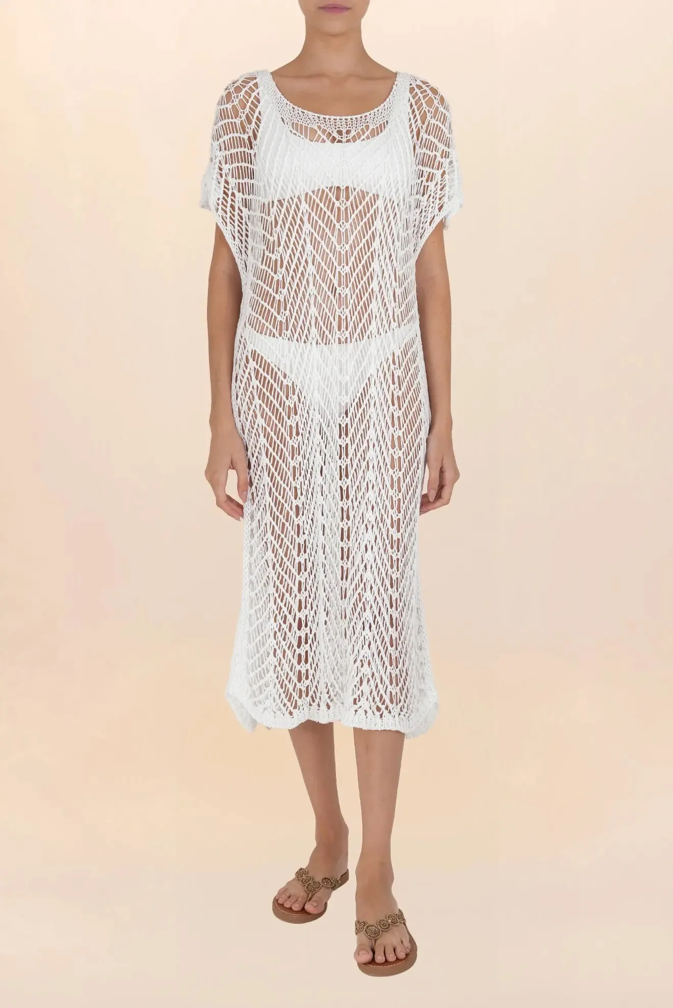 Long white crochet dress with sleeves