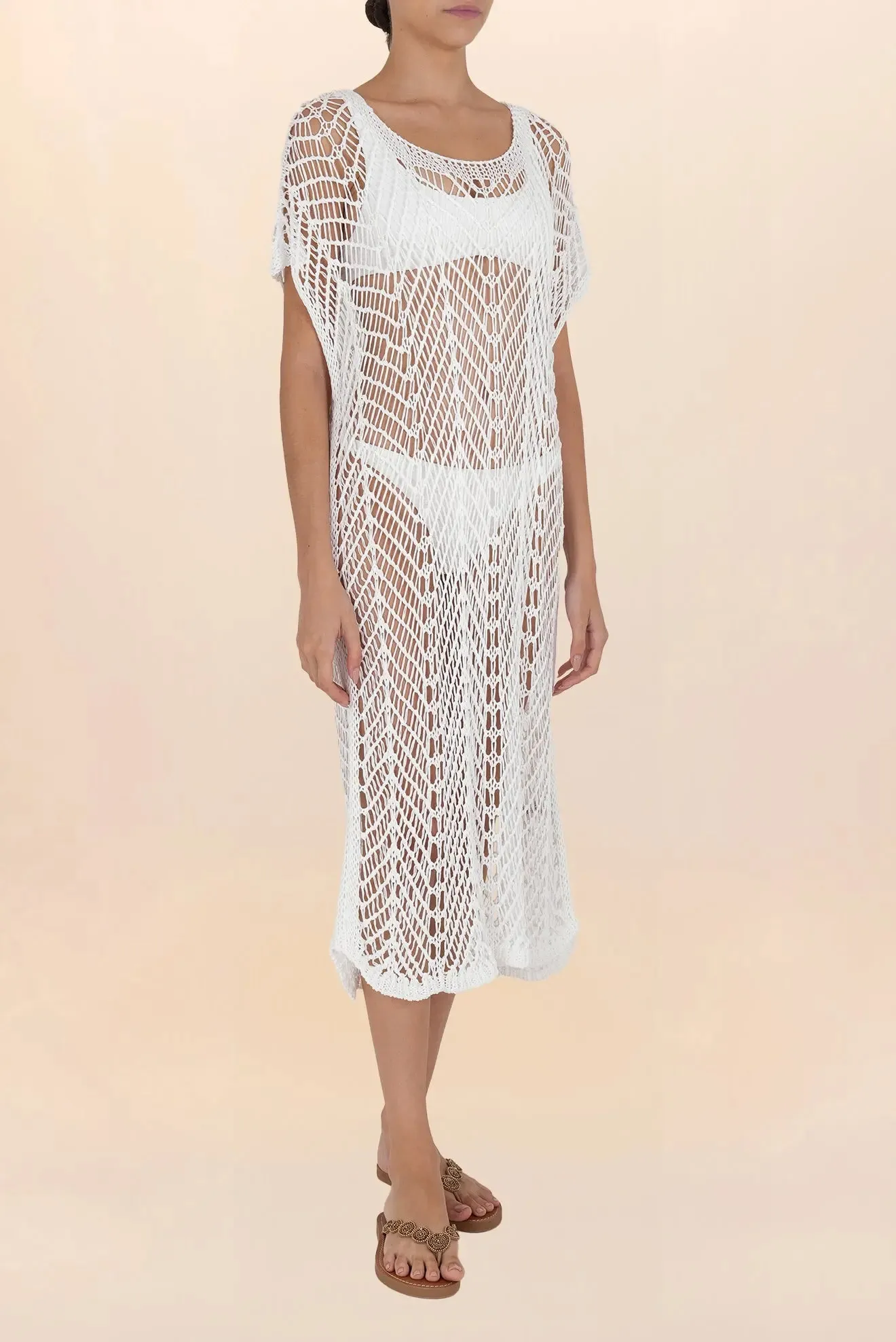 Long white crochet dress with sleeves