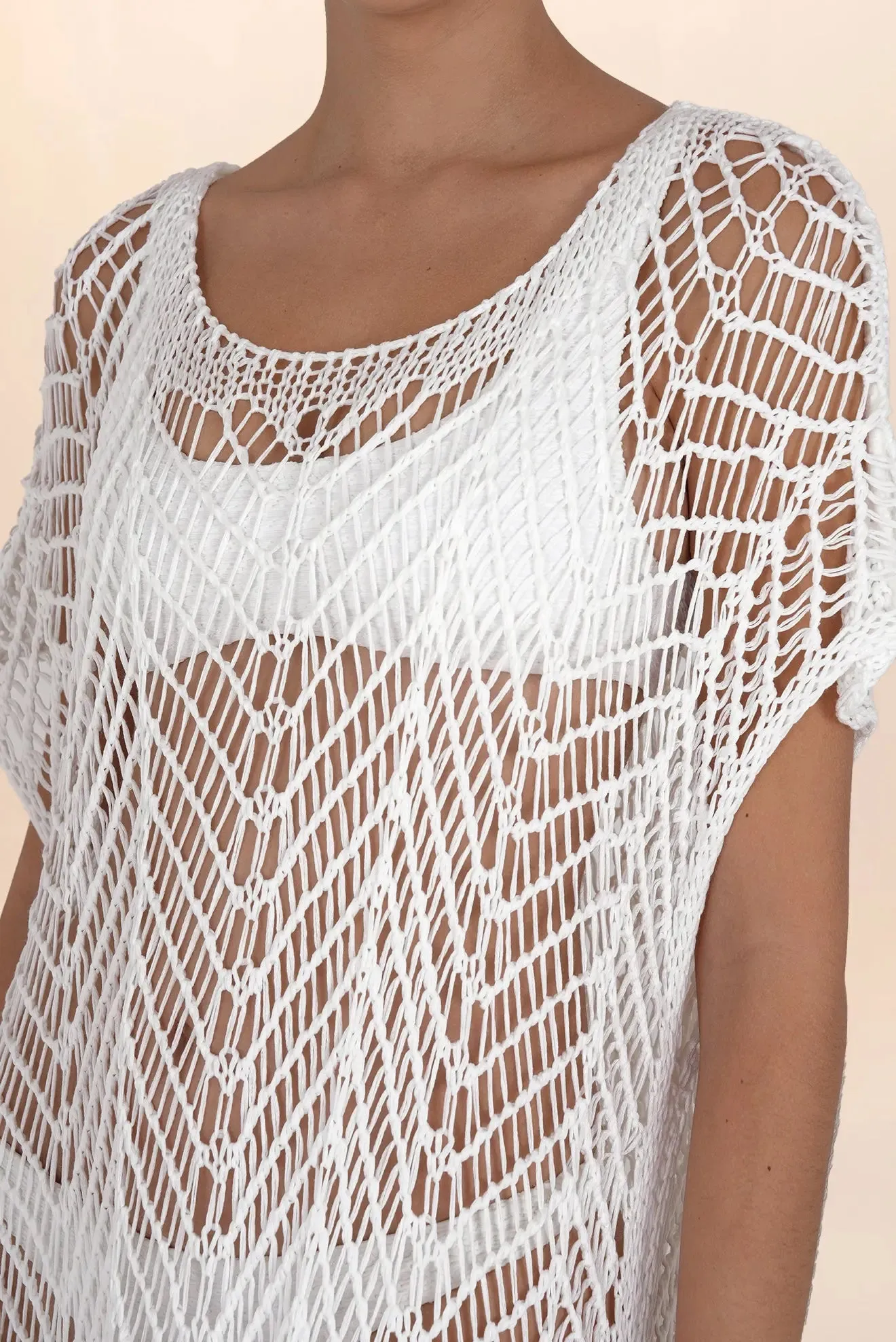 Long white crochet dress with sleeves