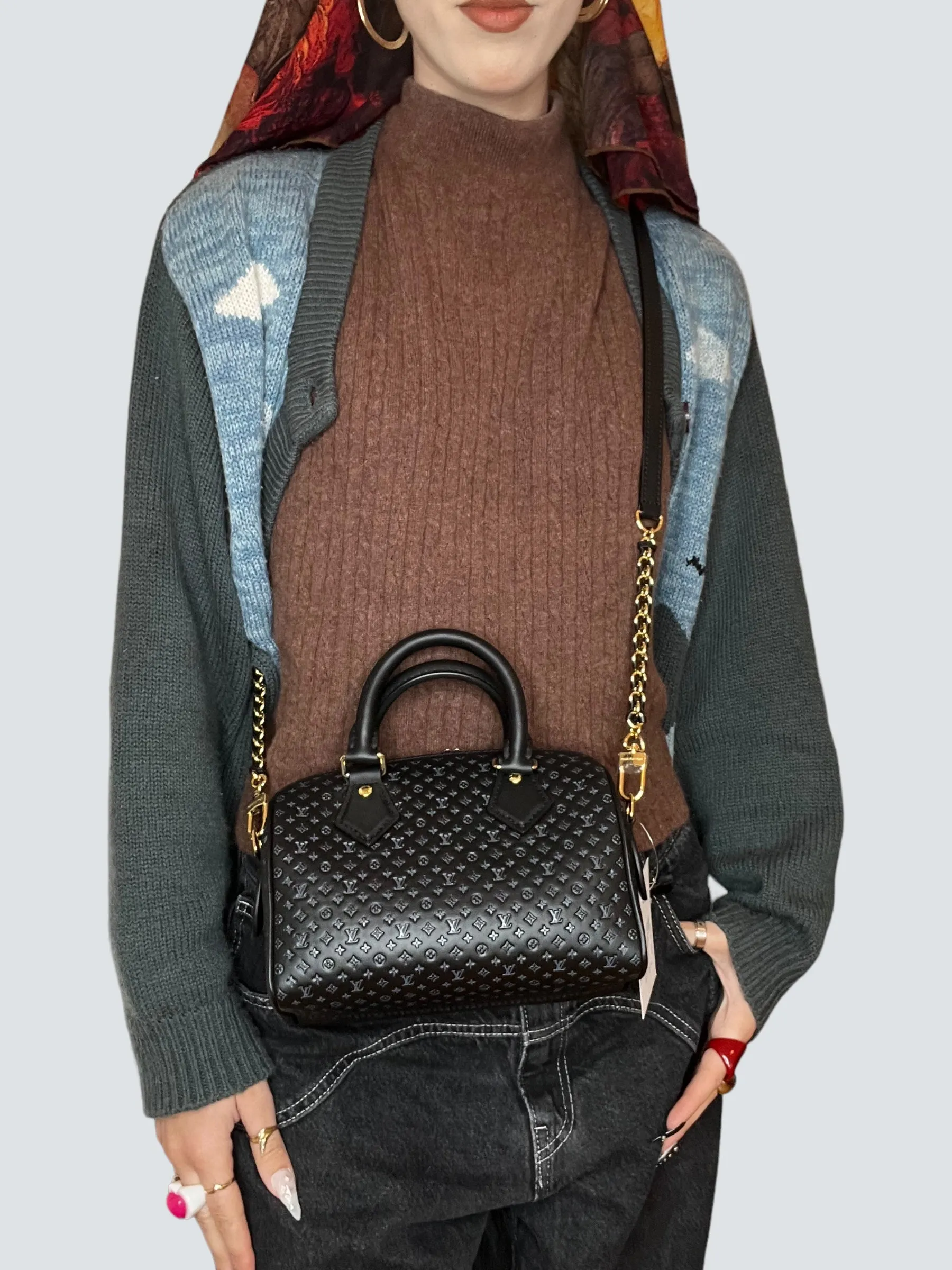 Louis Vuitton Black Calfskin Leather Nanogram Speedy 20 Bandouliere