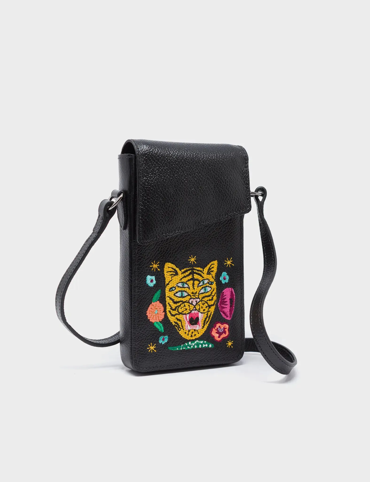 Max Black Cellphone Crossbody Pouch - Happy Tiger Embroidery