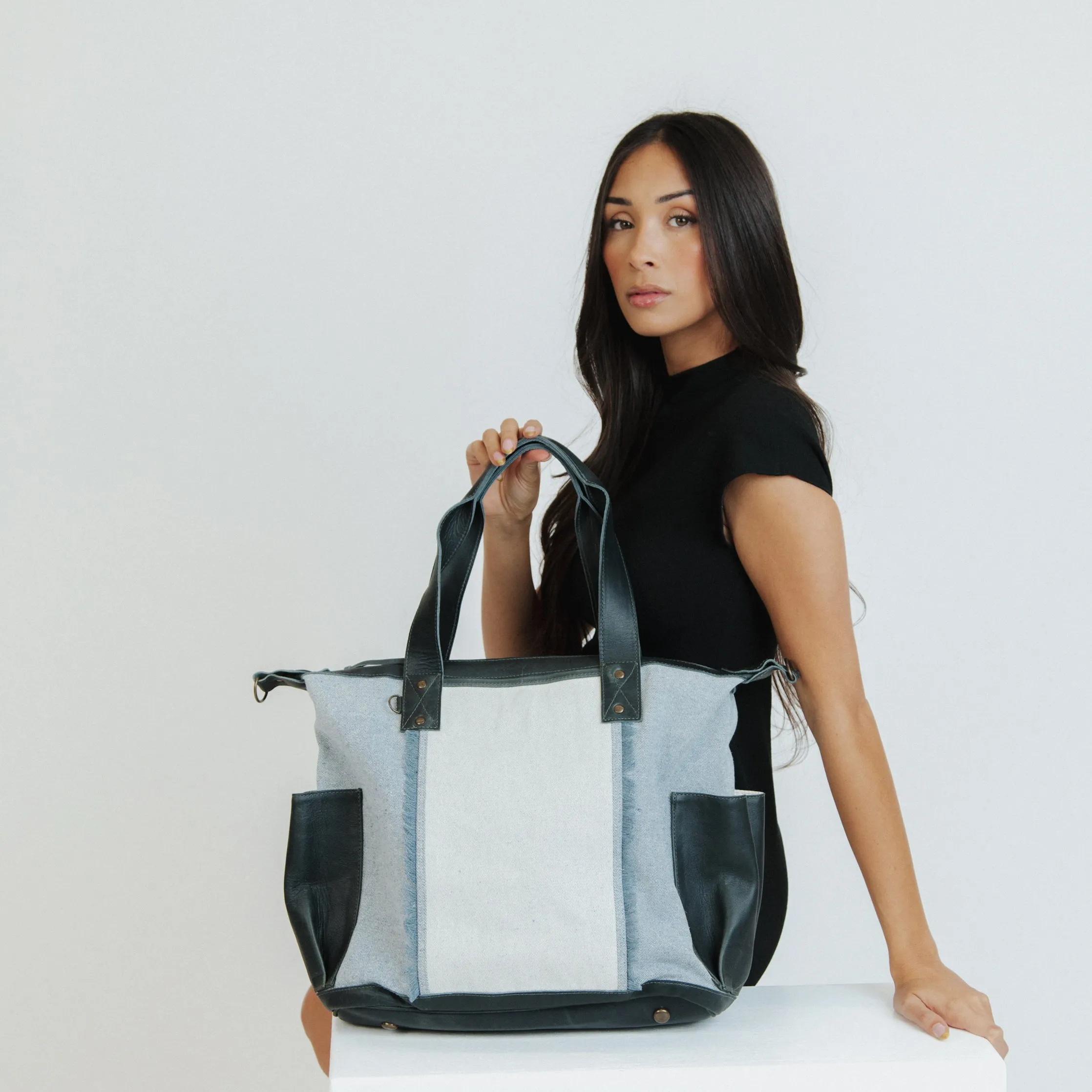 OG REVIVAL CONVERTIBLE DAY BAG - UPCYCLED DENIM - SLATE LEATHER