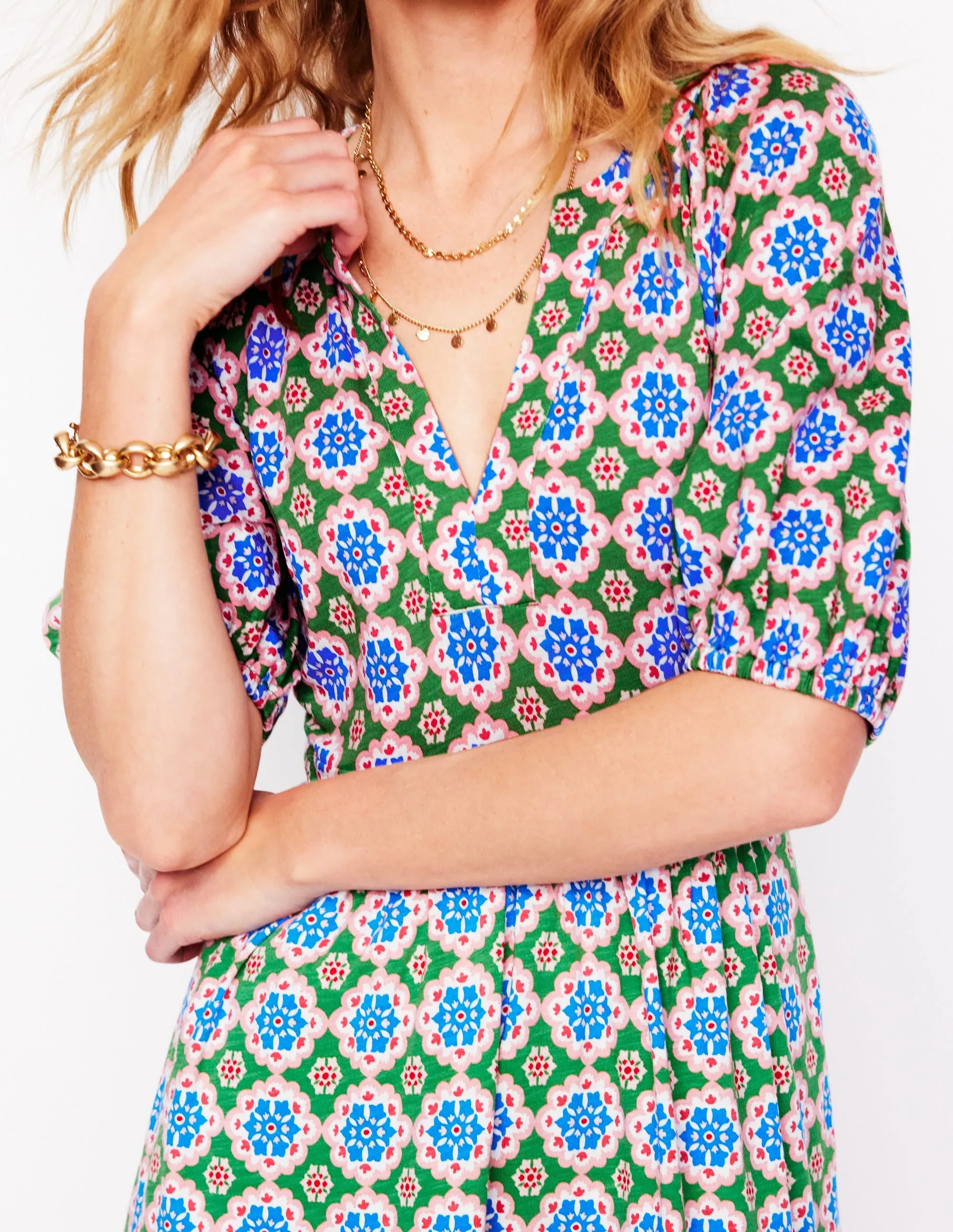 Piper Short Jersey Dress-Iguana Green. Bloom Geo