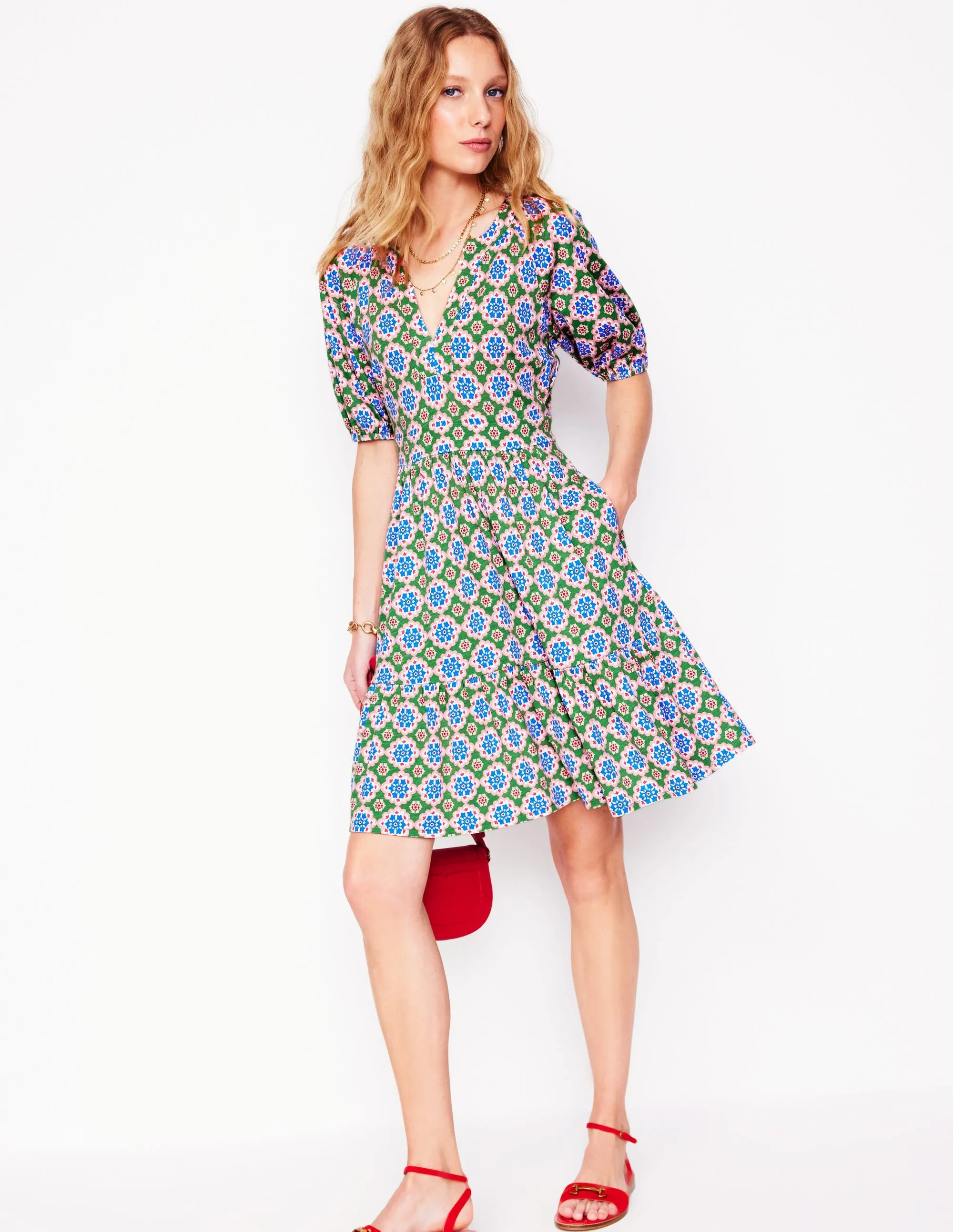 Piper Short Jersey Dress-Iguana Green. Bloom Geo