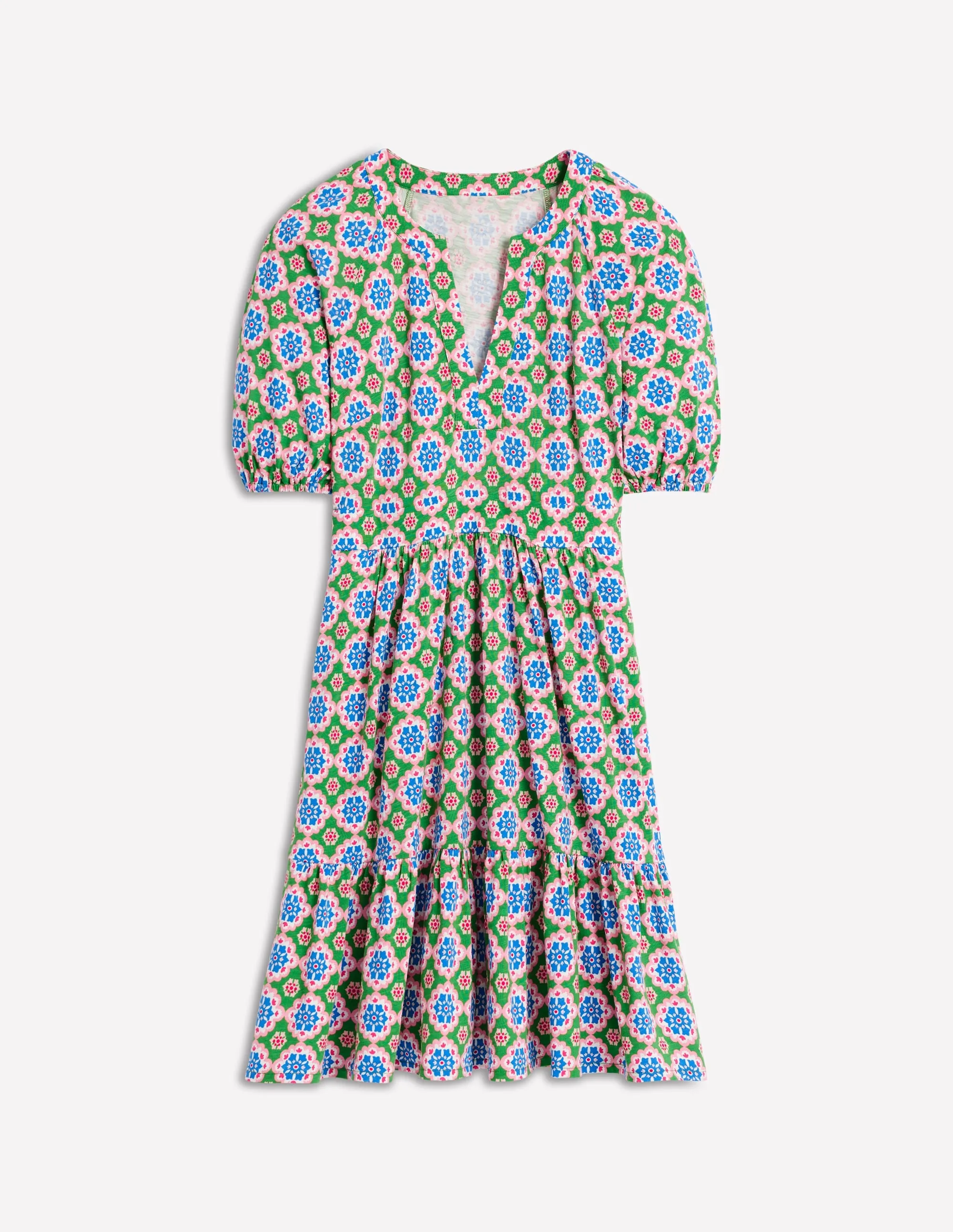 Piper Short Jersey Dress-Iguana Green. Bloom Geo