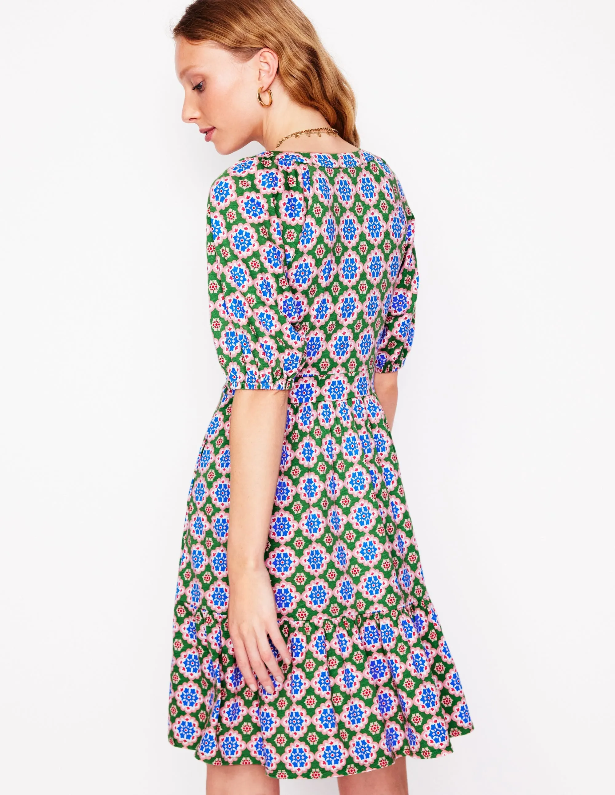 Piper Short Jersey Dress-Iguana Green. Bloom Geo