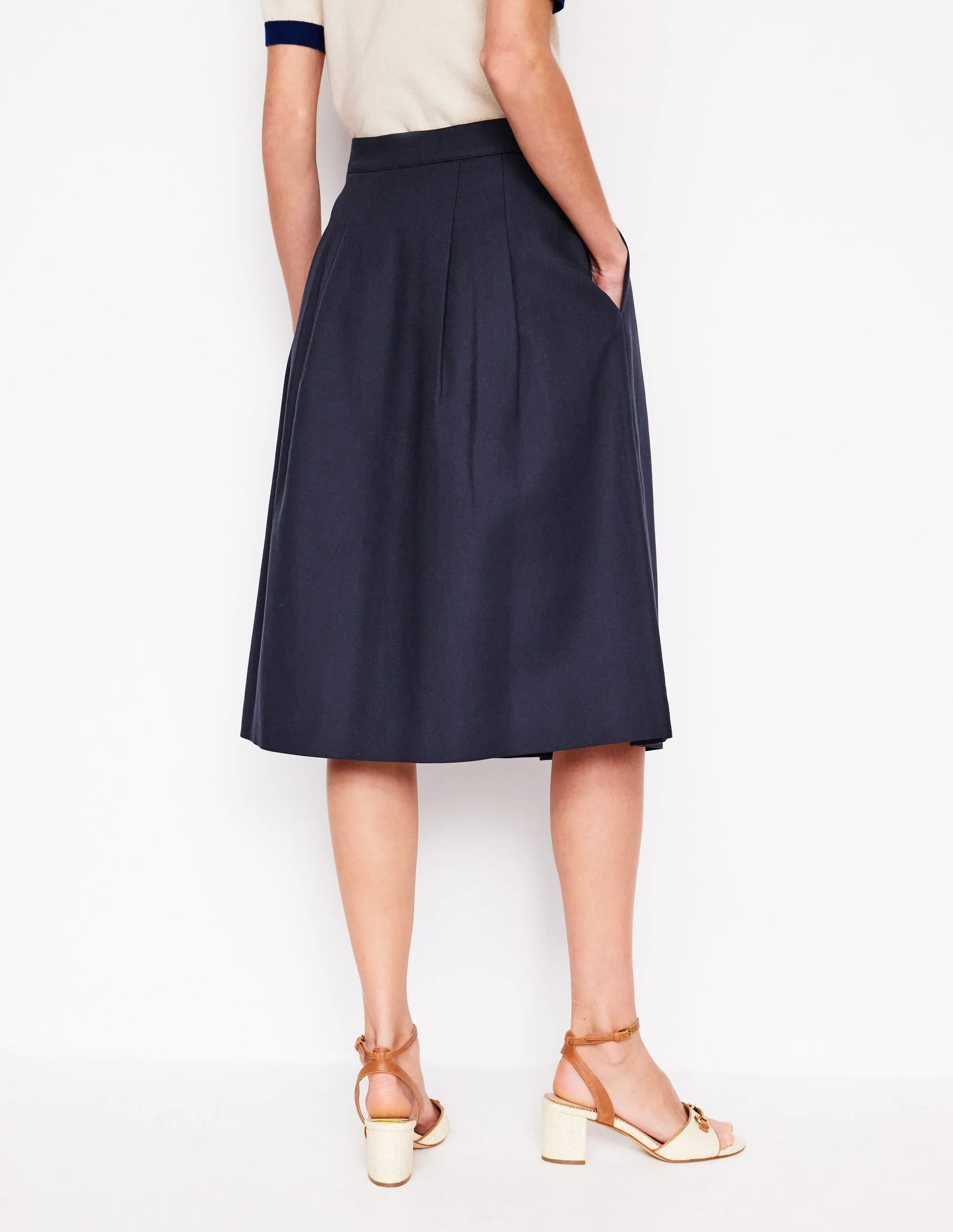 Pleat Detail Midi Skirt-Navy