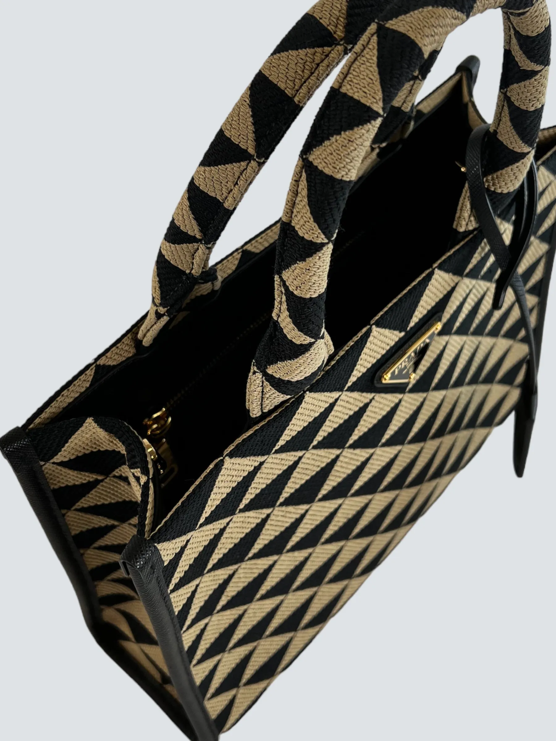 Prada Black and Tan Symbole Jacquard Fabric Tote