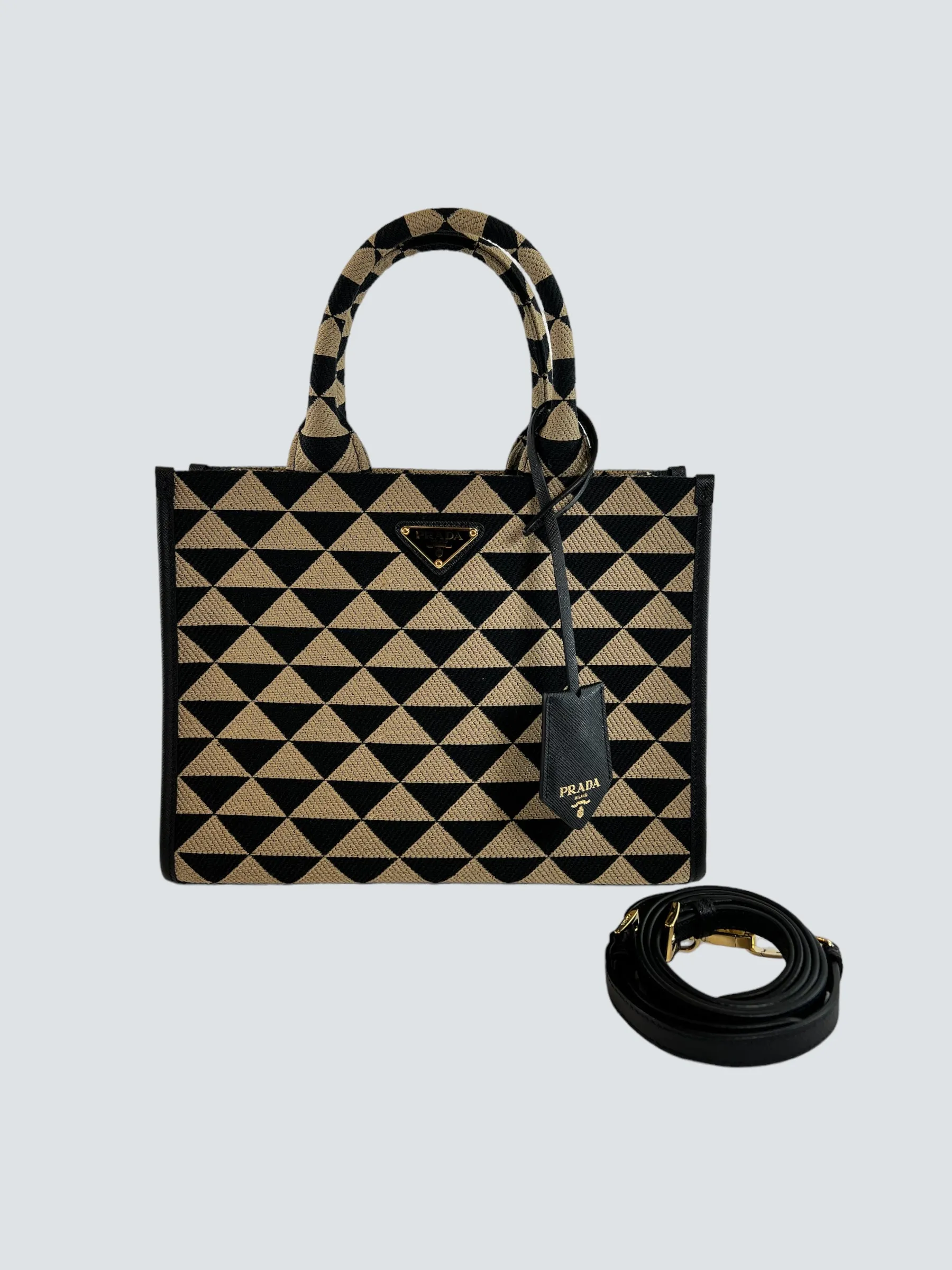 Prada Black and Tan Symbole Jacquard Fabric Tote
