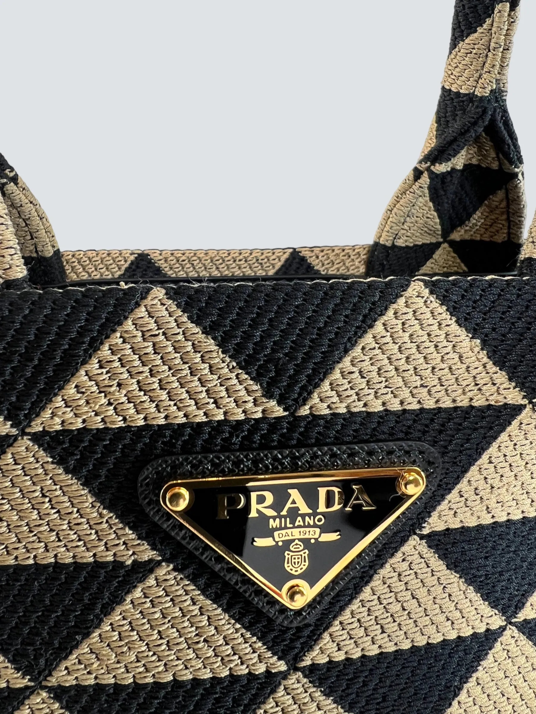 Prada Black and Tan Symbole Jacquard Fabric Tote