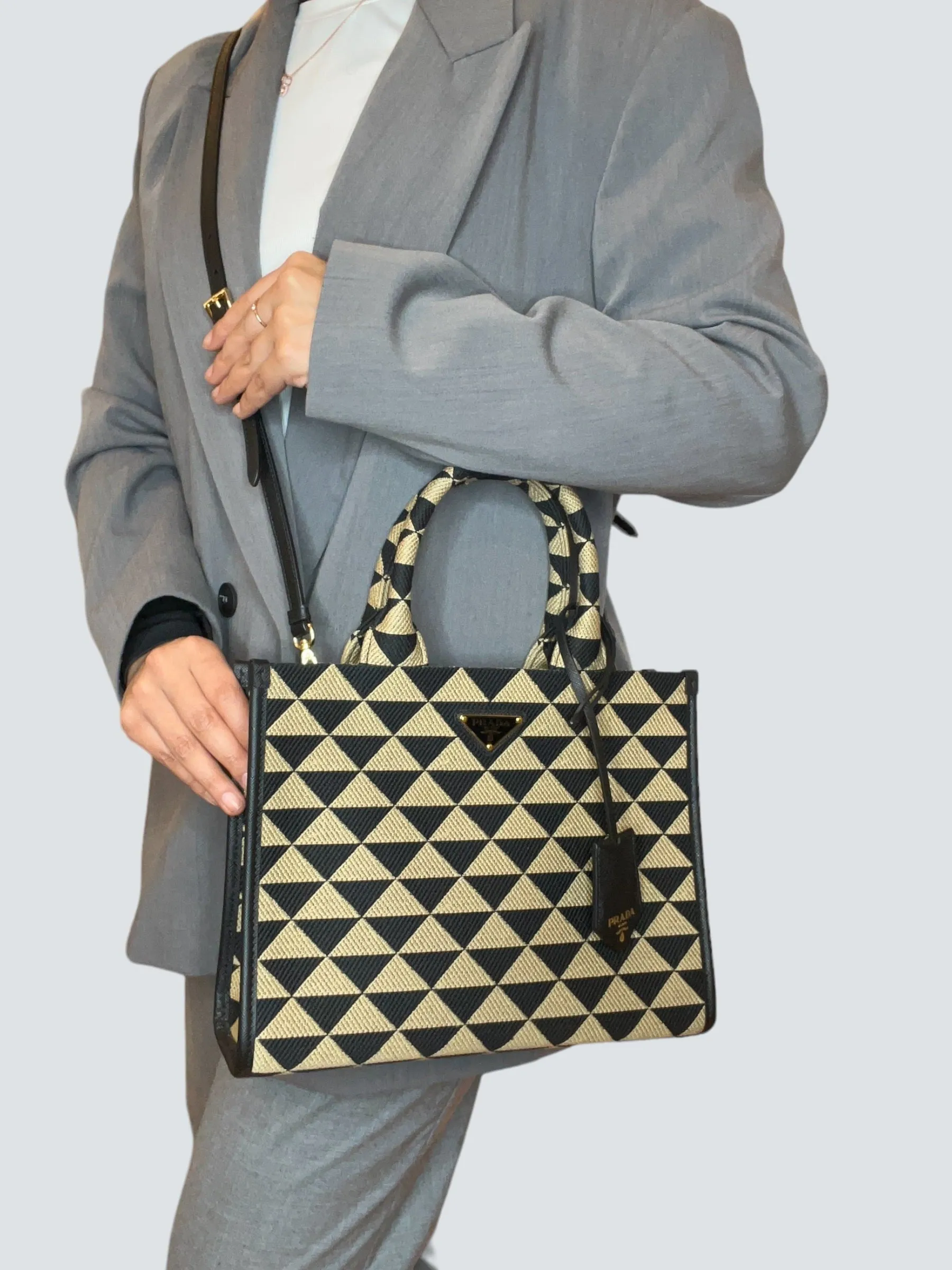 Prada Black and Tan Symbole Jacquard Fabric Tote