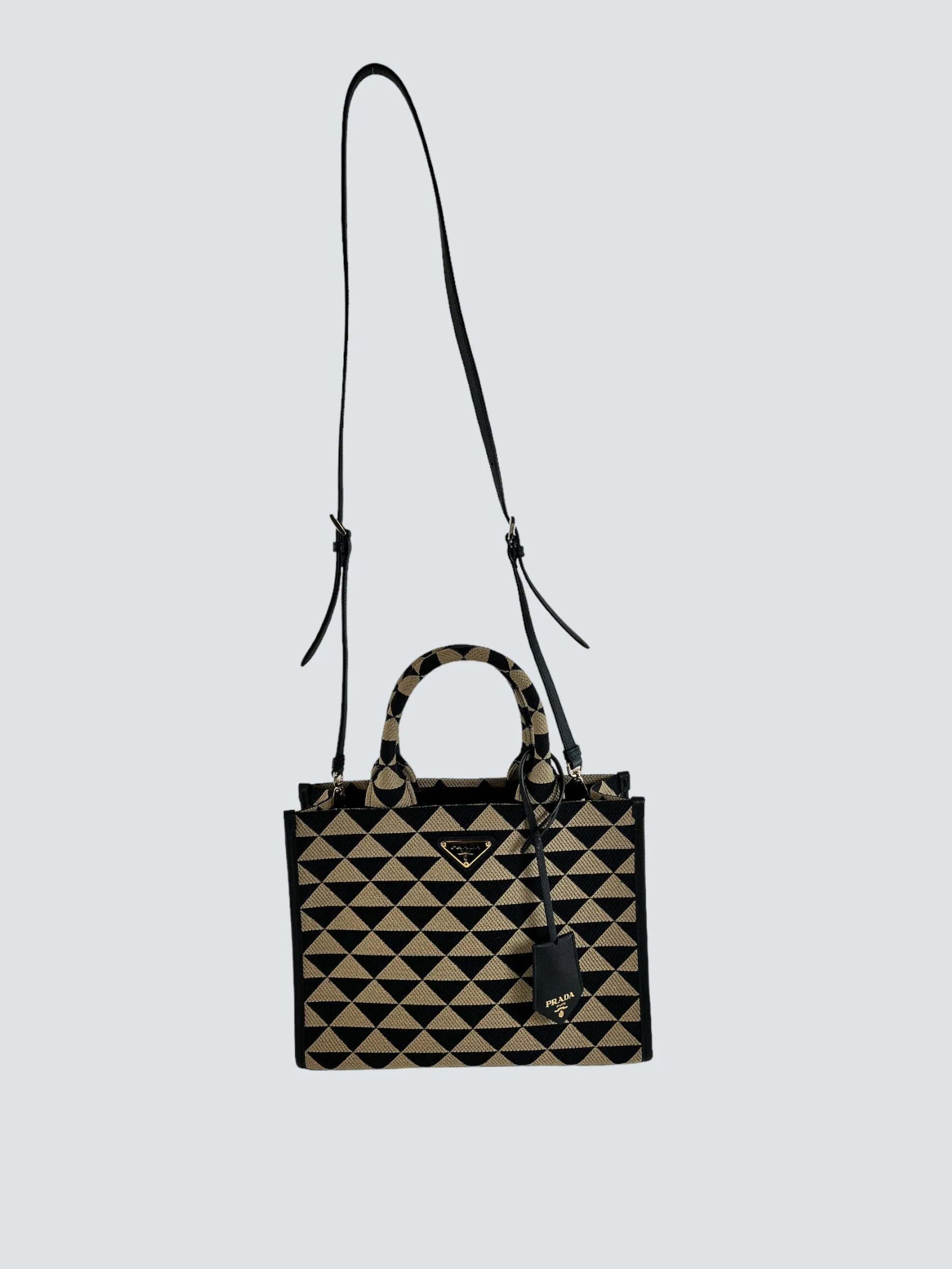 Prada Black and Tan Symbole Jacquard Fabric Tote