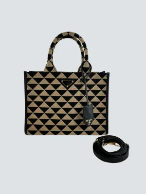 Prada Black and Tan Symbole Jacquard Fabric Tote