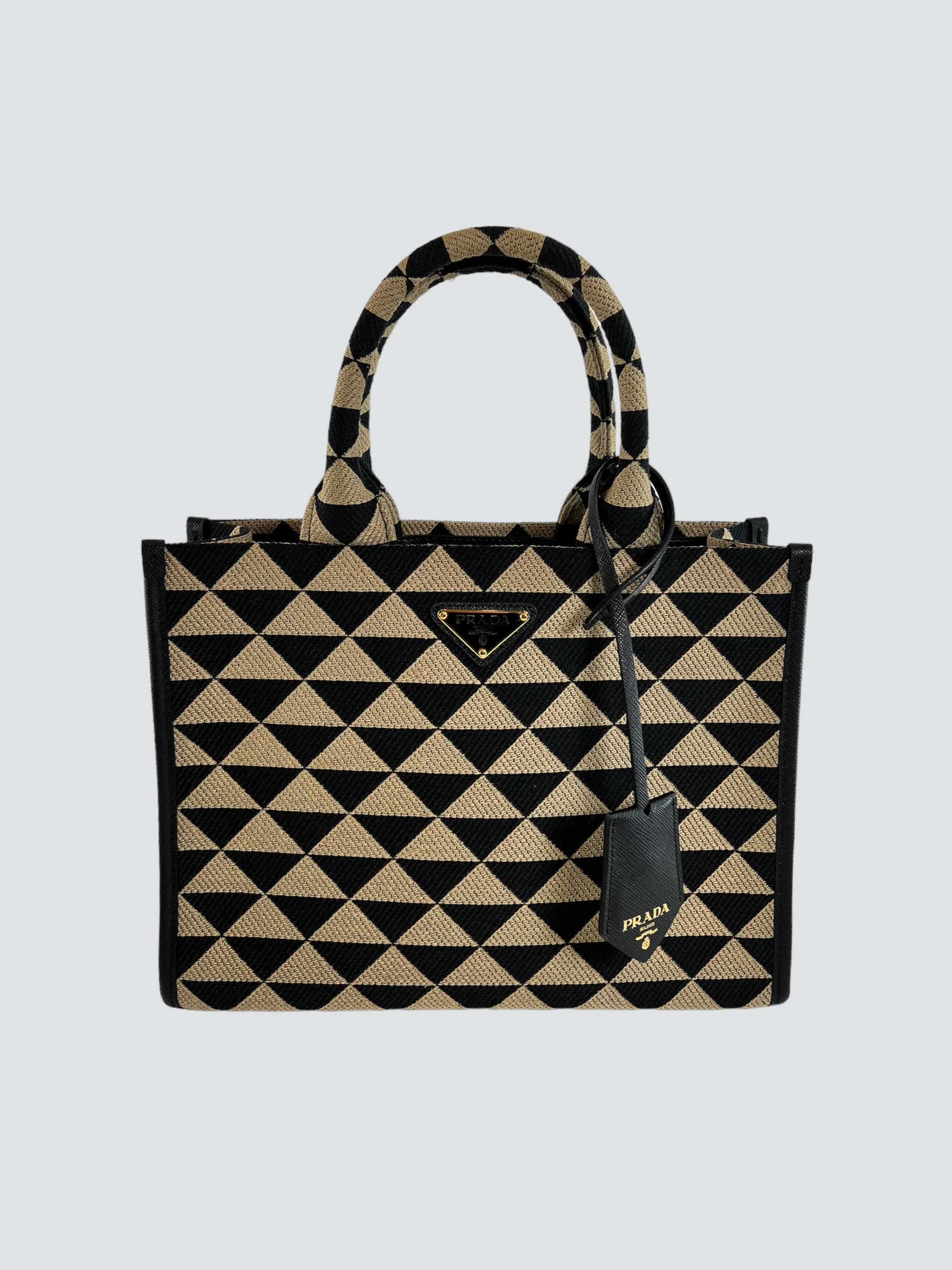 Prada Black and Tan Symbole Jacquard Fabric Tote