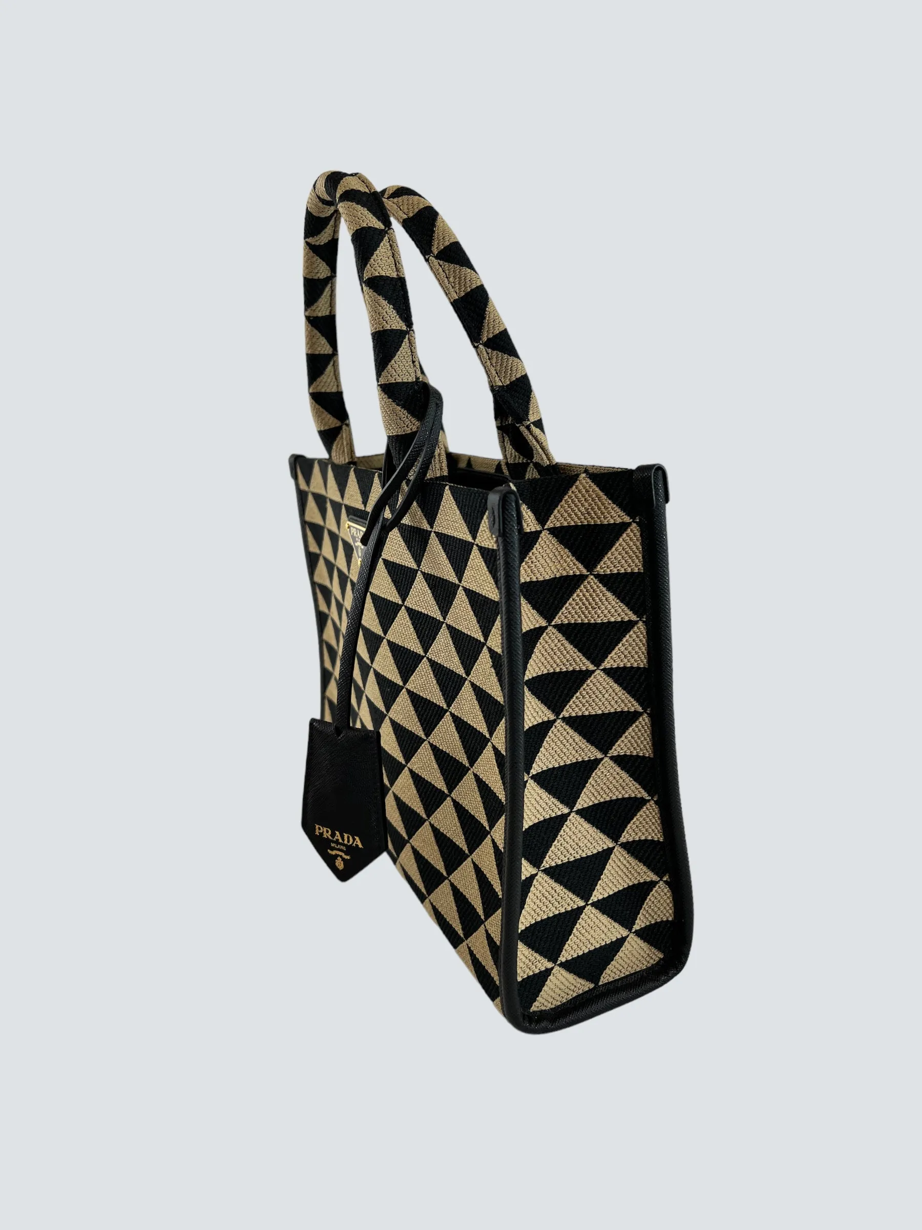 Prada Black and Tan Symbole Jacquard Fabric Tote