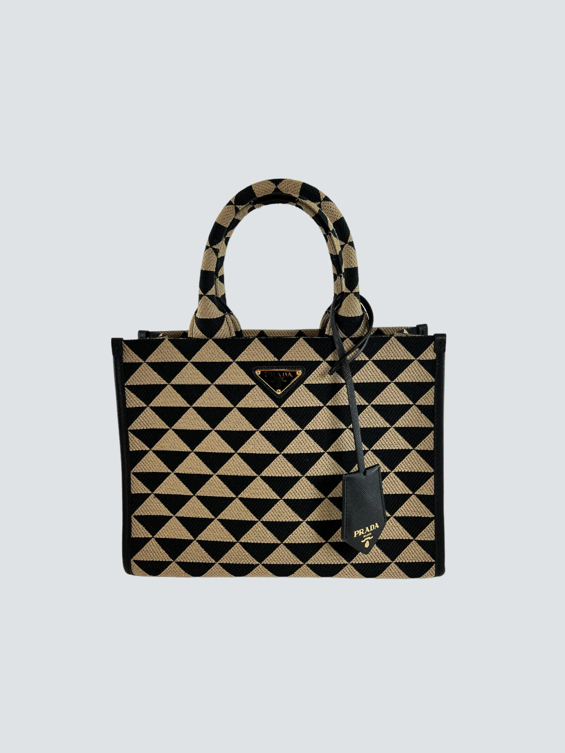 Prada Black and Tan Symbole Jacquard Fabric Tote