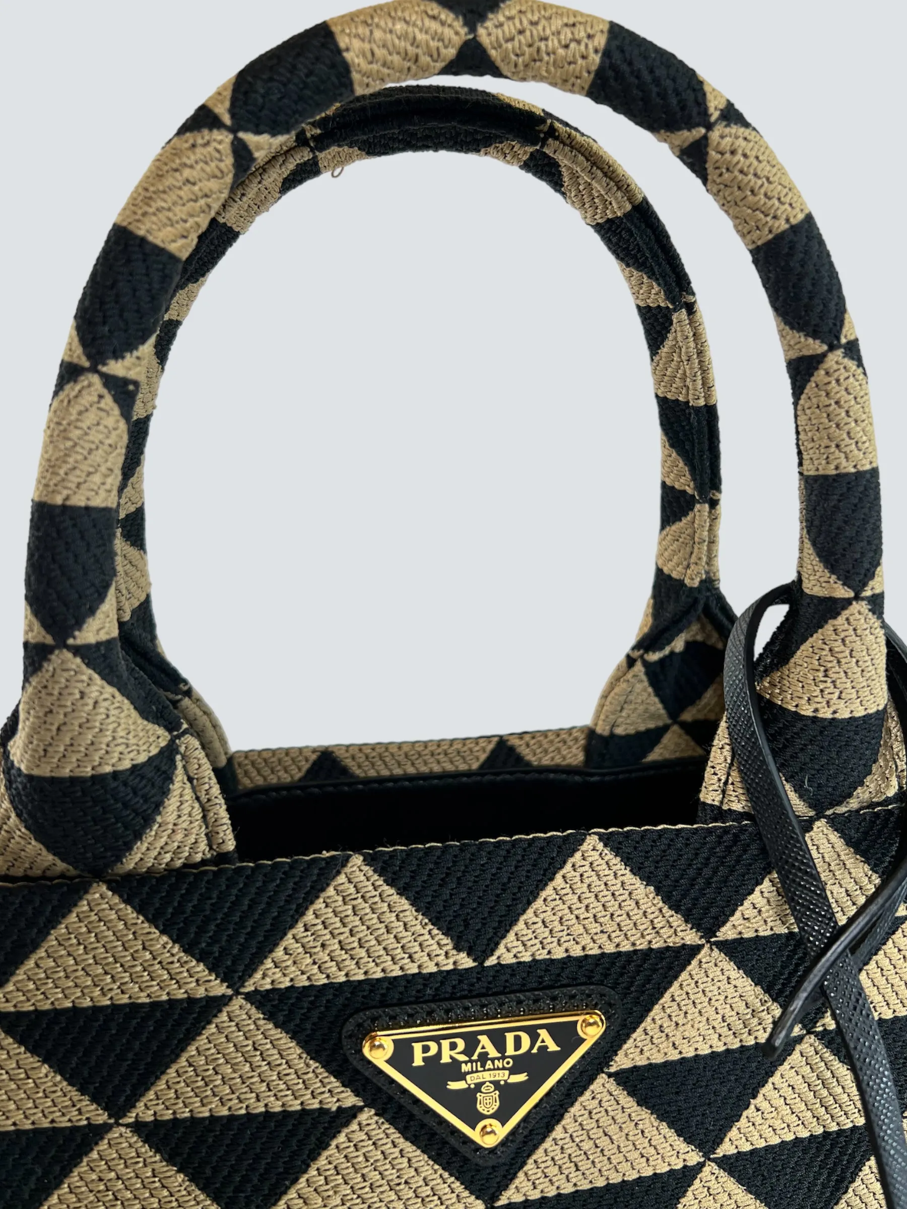 Prada Black and Tan Symbole Jacquard Fabric Tote