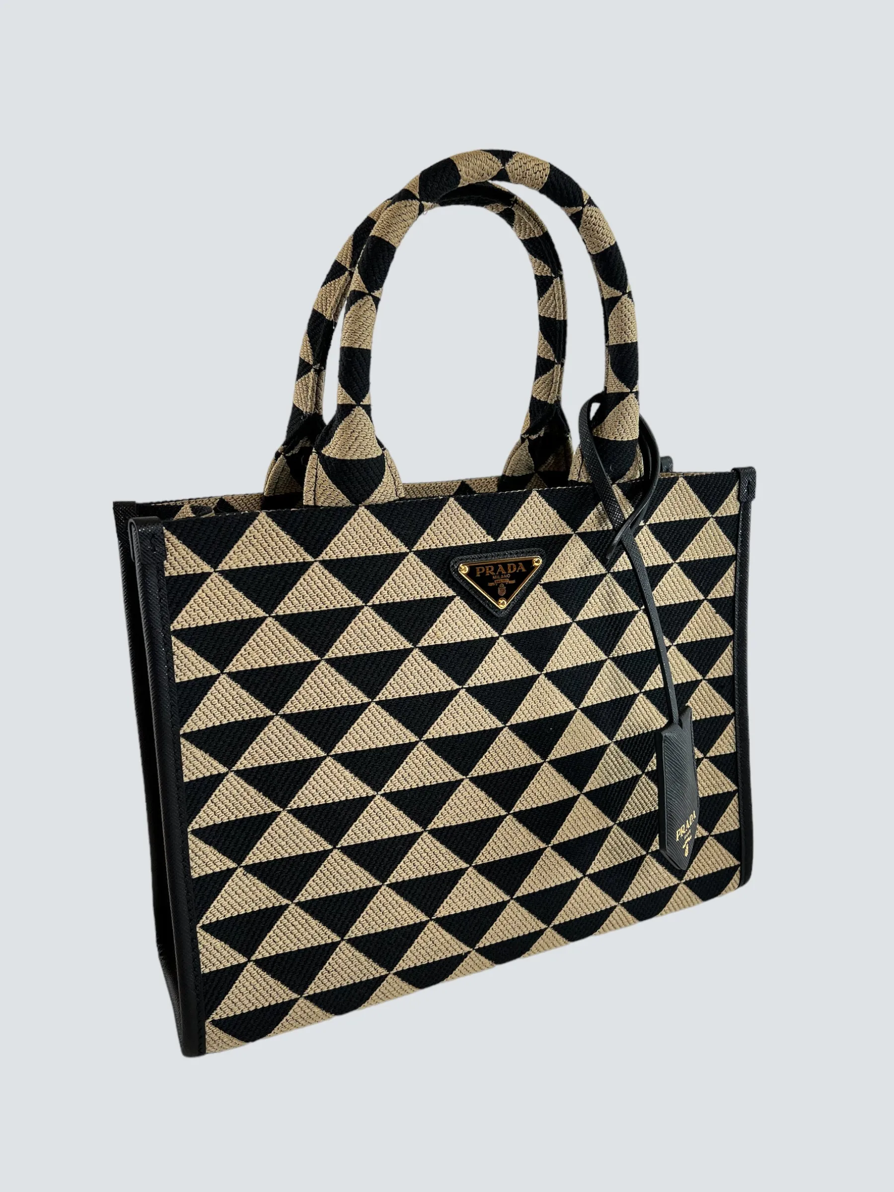 Prada Black and Tan Symbole Jacquard Fabric Tote