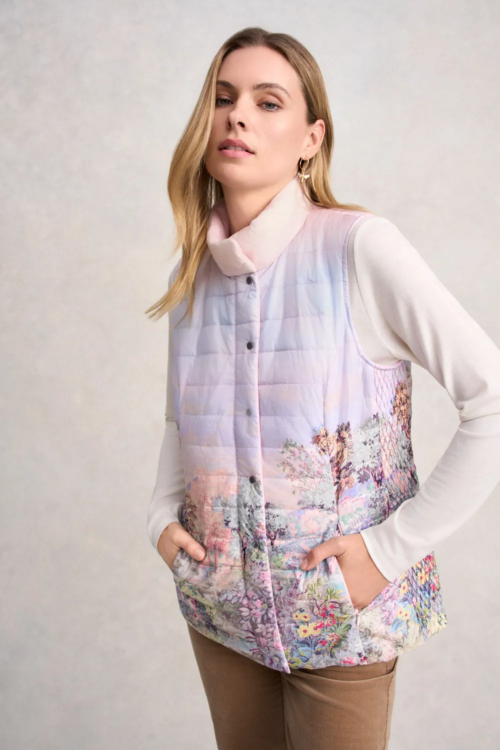 Quilted Reversible Puffer Vest - Scenic Sunset Print