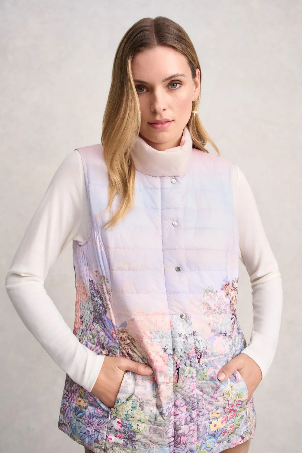 Quilted Reversible Puffer Vest - Scenic Sunset Print