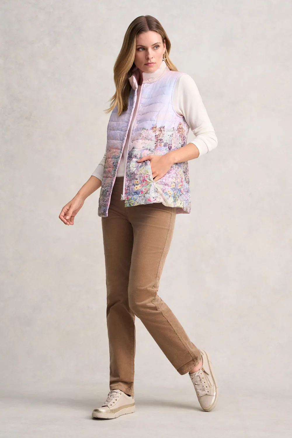 Quilted Reversible Puffer Vest - Scenic Sunset Print