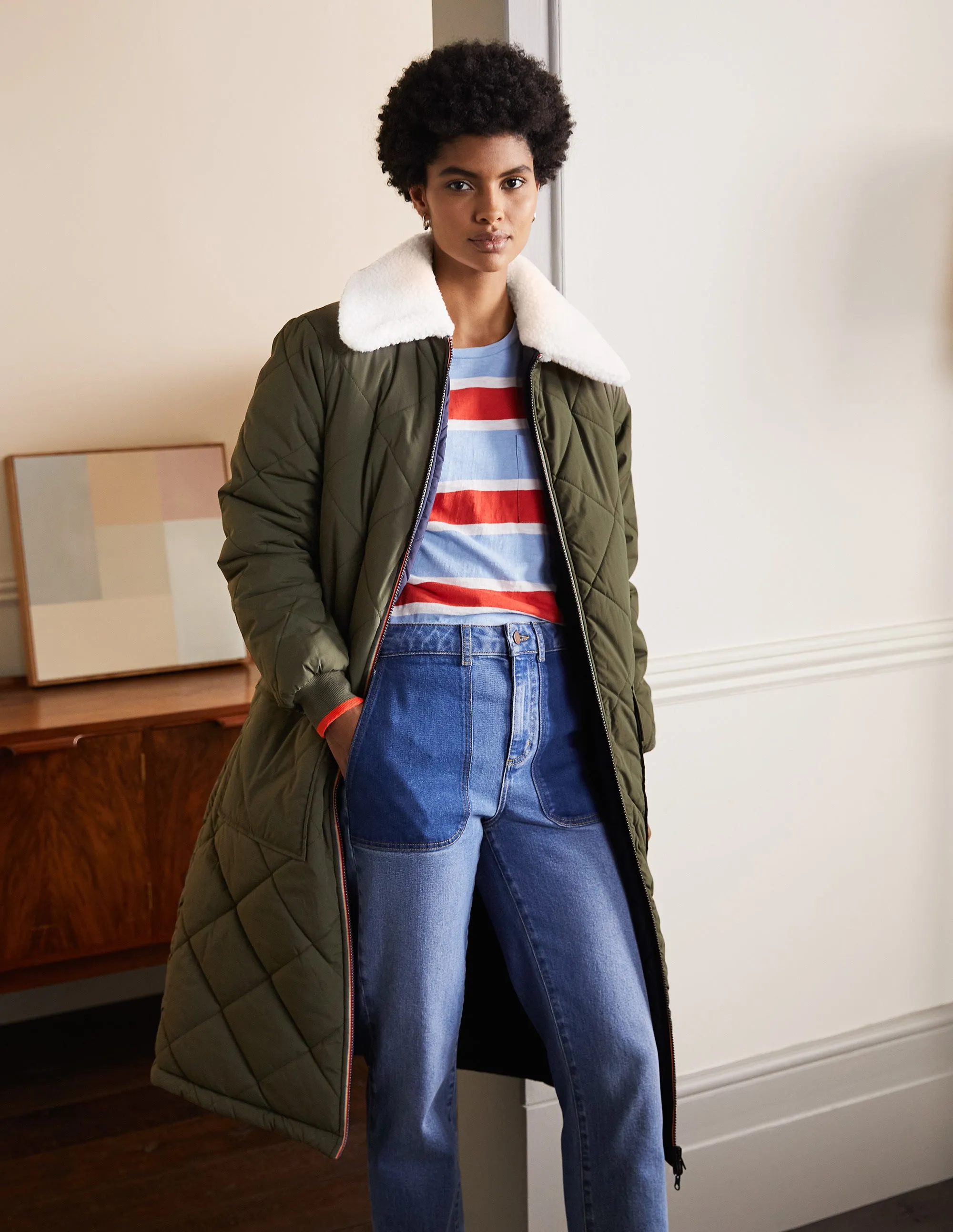 Reversible Quilted Puffer Coat-Khaki