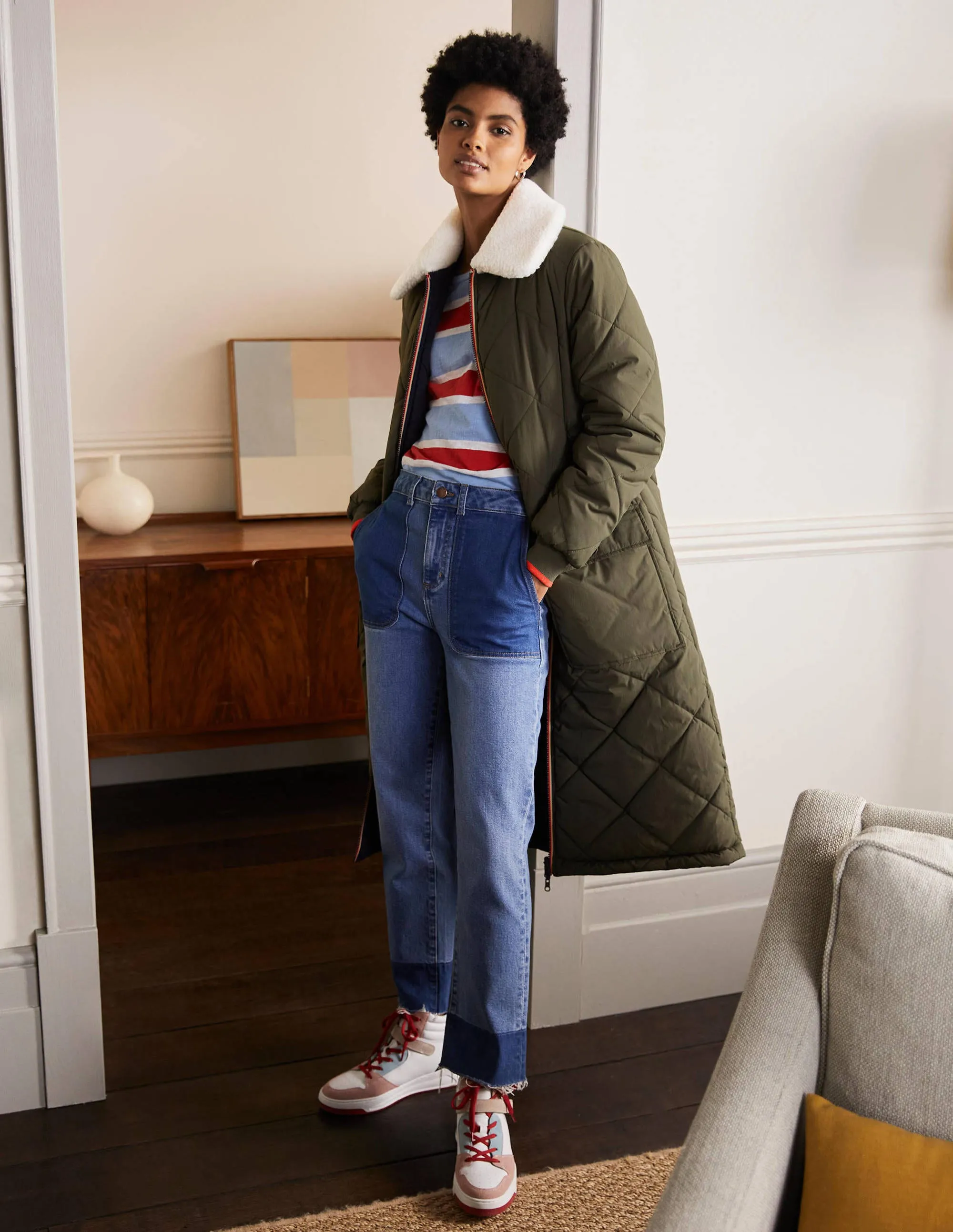 Reversible Quilted Puffer Coat-Khaki
